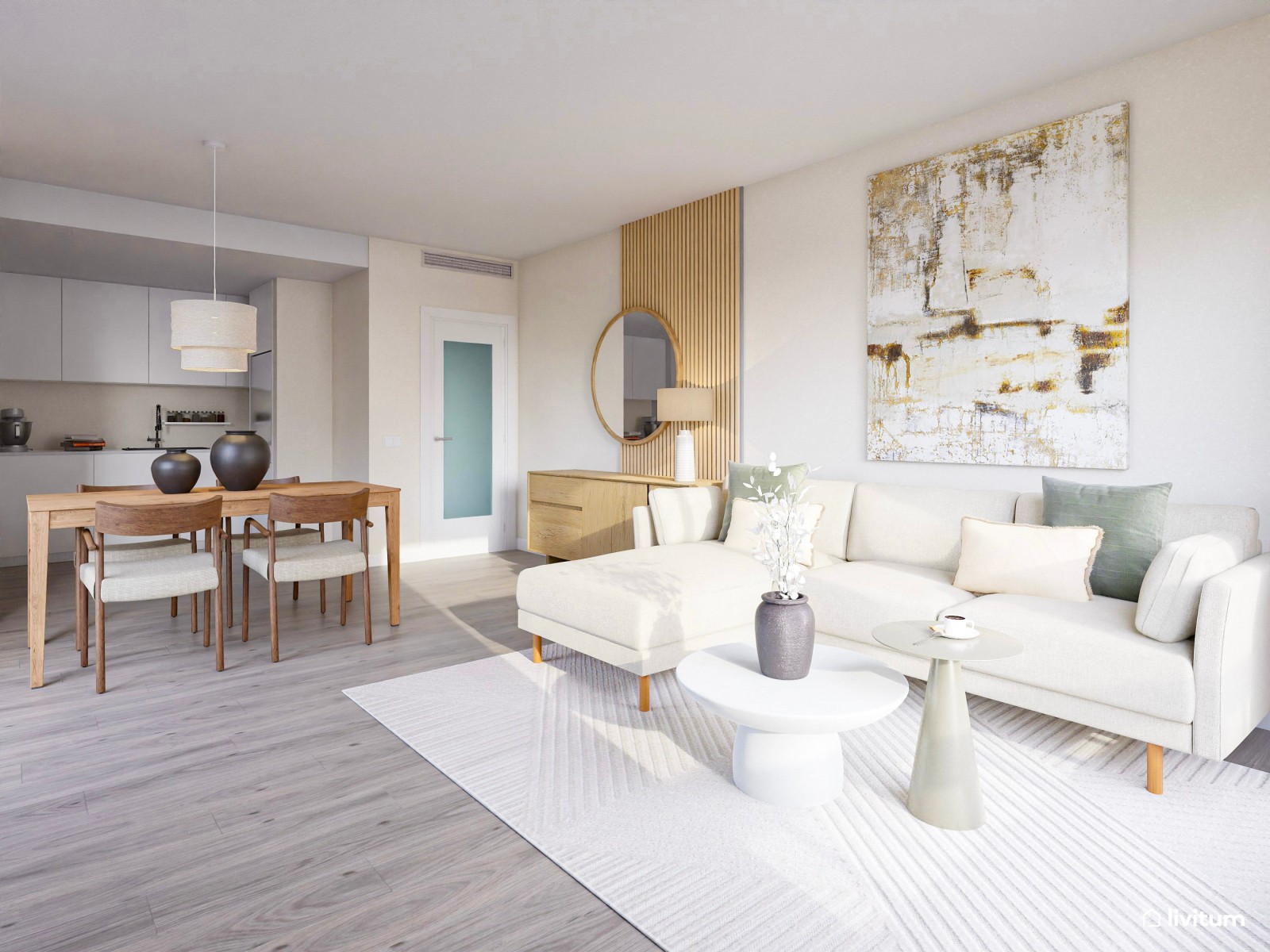 Salón comedor con cocina abierta de estilo nórdico con listones de madera y suelo de madera de roble