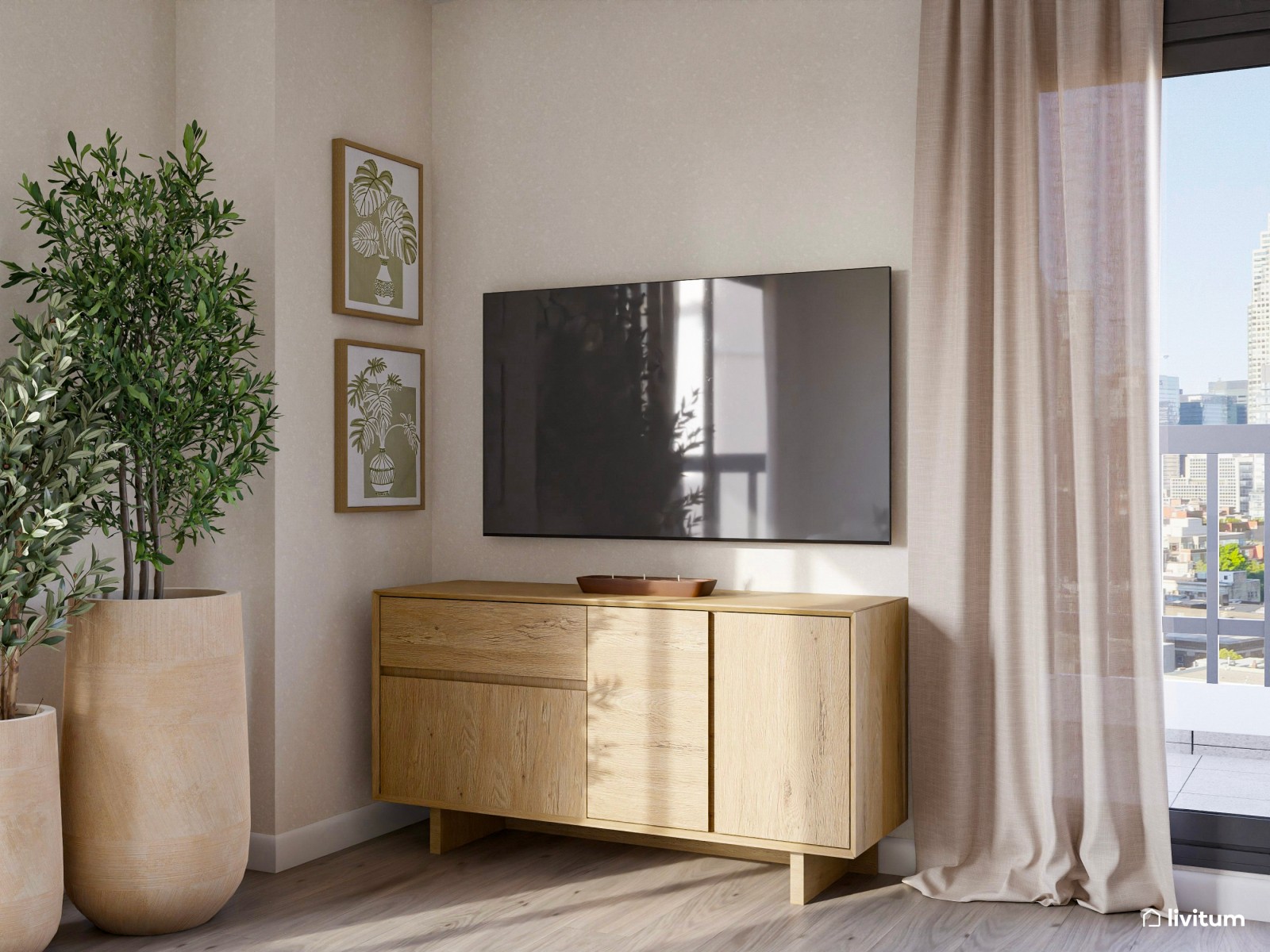 Salón comedor con cocina abierta de estilo nórdico con listones de madera y suelo de madera de roble