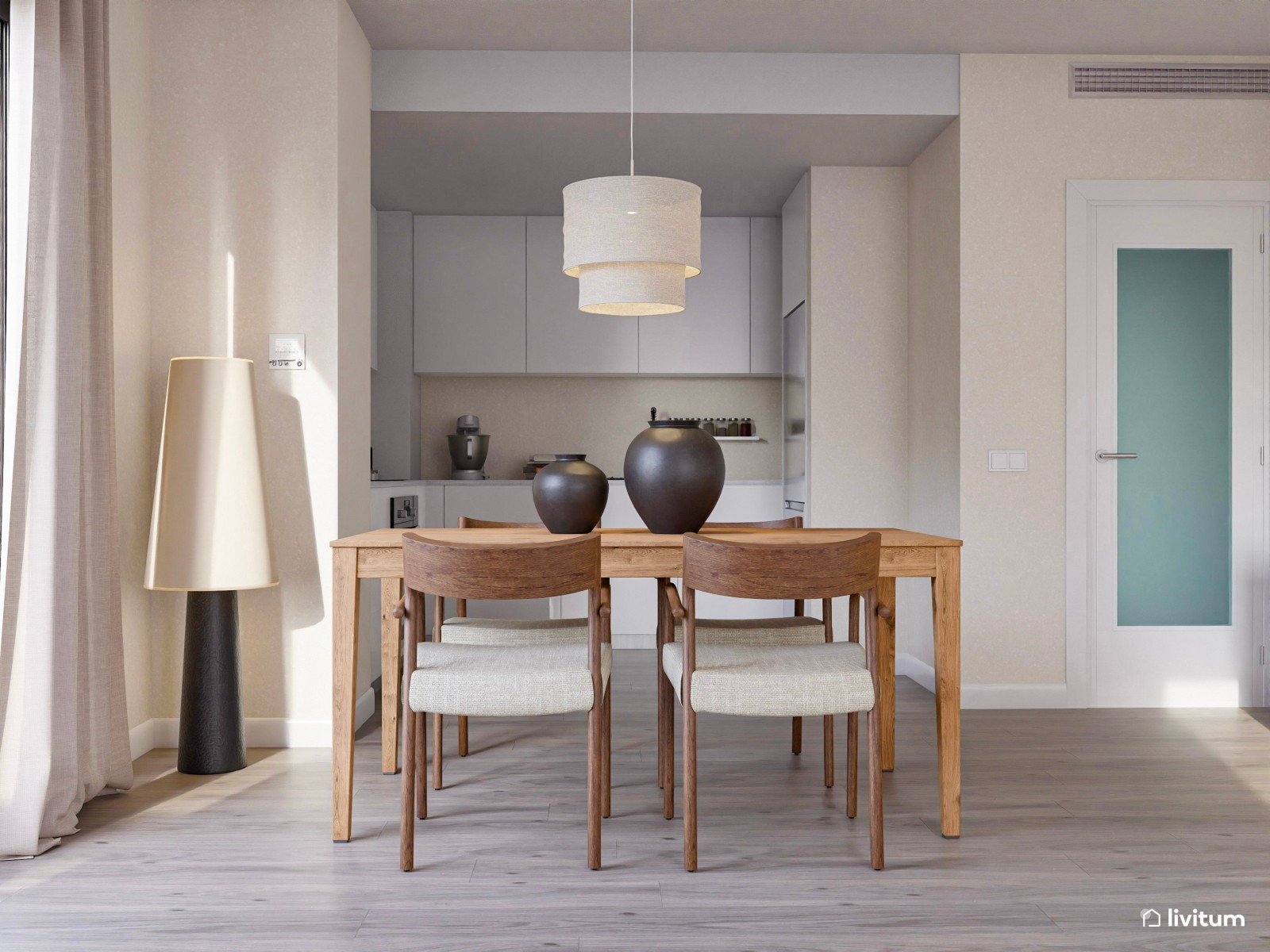 Salón comedor con cocina abierta de estilo nórdico con listones de madera y suelo de madera de roble