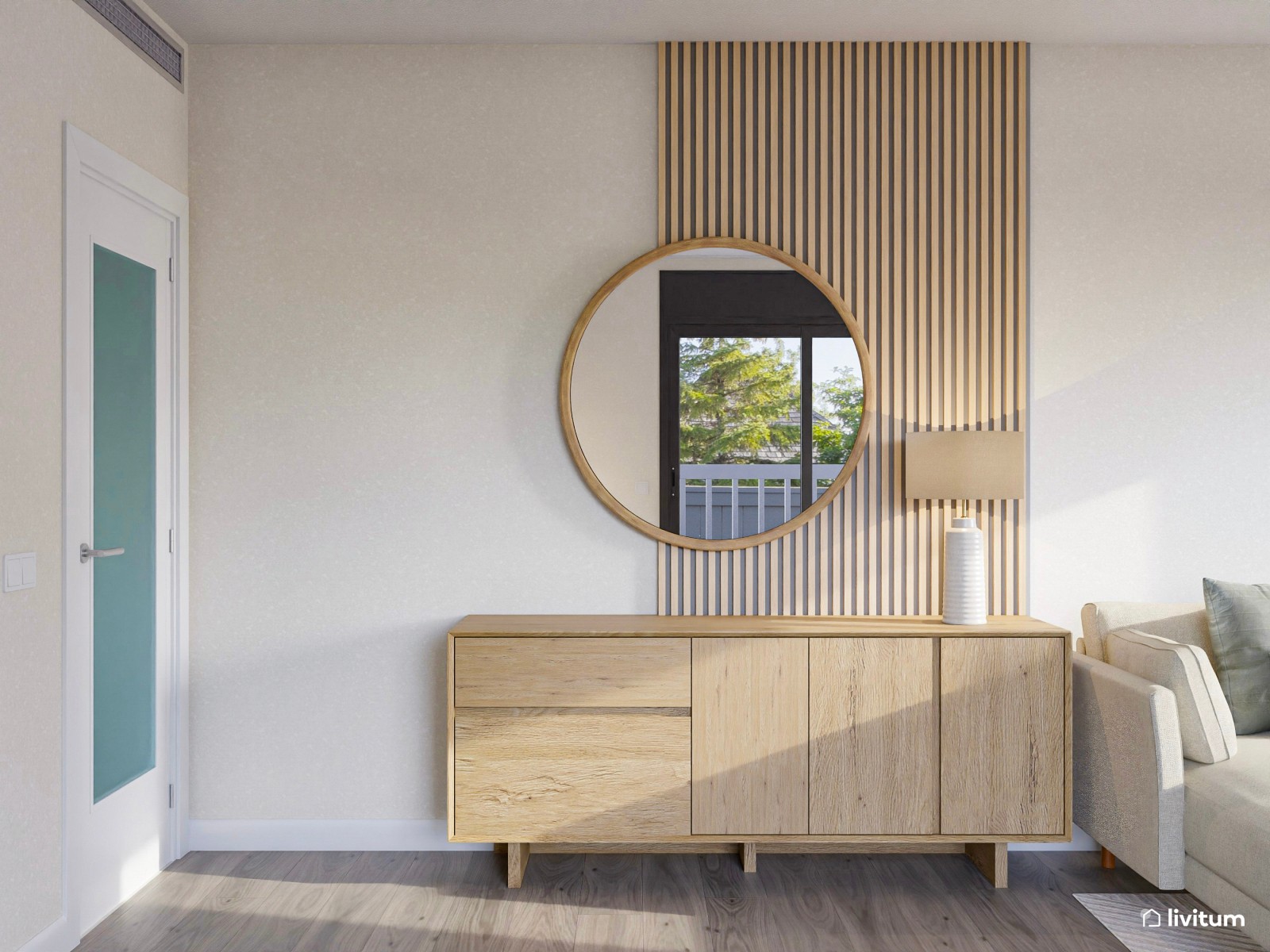 Salón comedor con cocina abierta de estilo nórdico con listones de madera y suelo de madera de roble