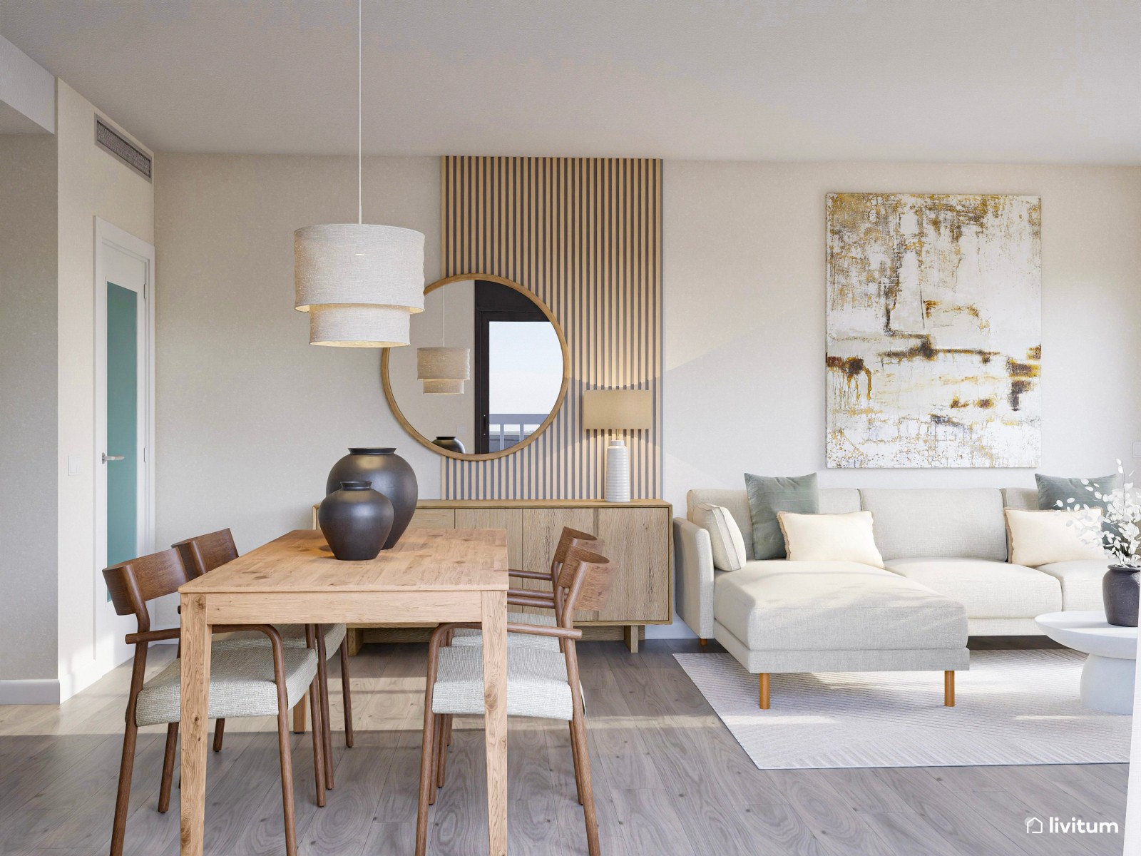 Salón comedor con cocina abierta de estilo nórdico con listones de madera y suelo de madera de roble