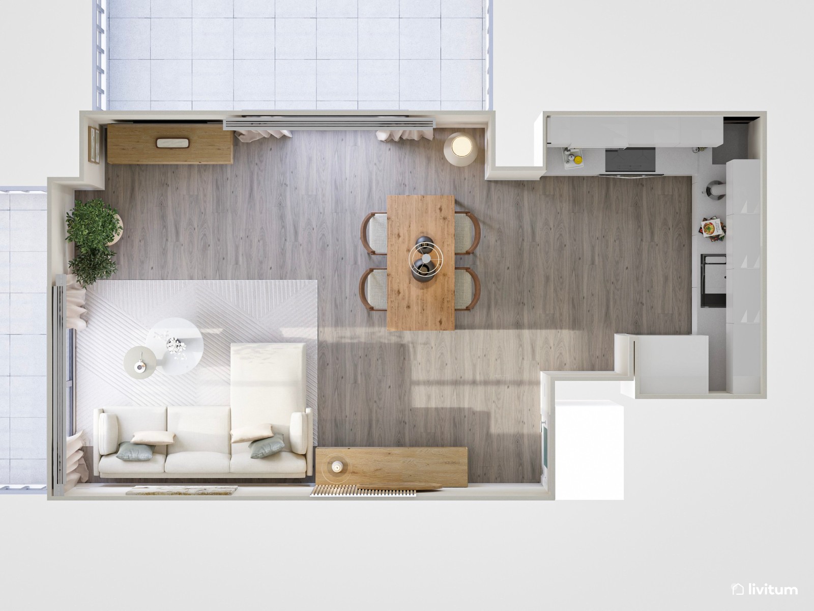 Salón comedor con cocina abierta de estilo nórdico con listones de madera y suelo de madera de roble