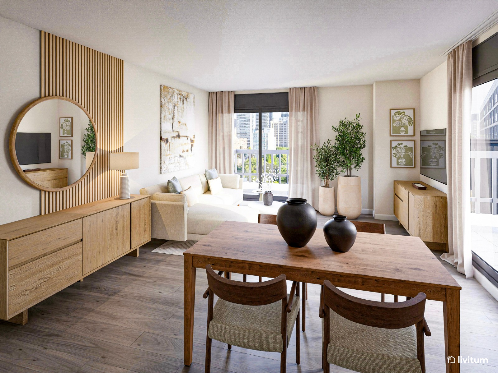Salón comedor con cocina abierta de estilo nórdico con listones de madera y suelo de madera de roble