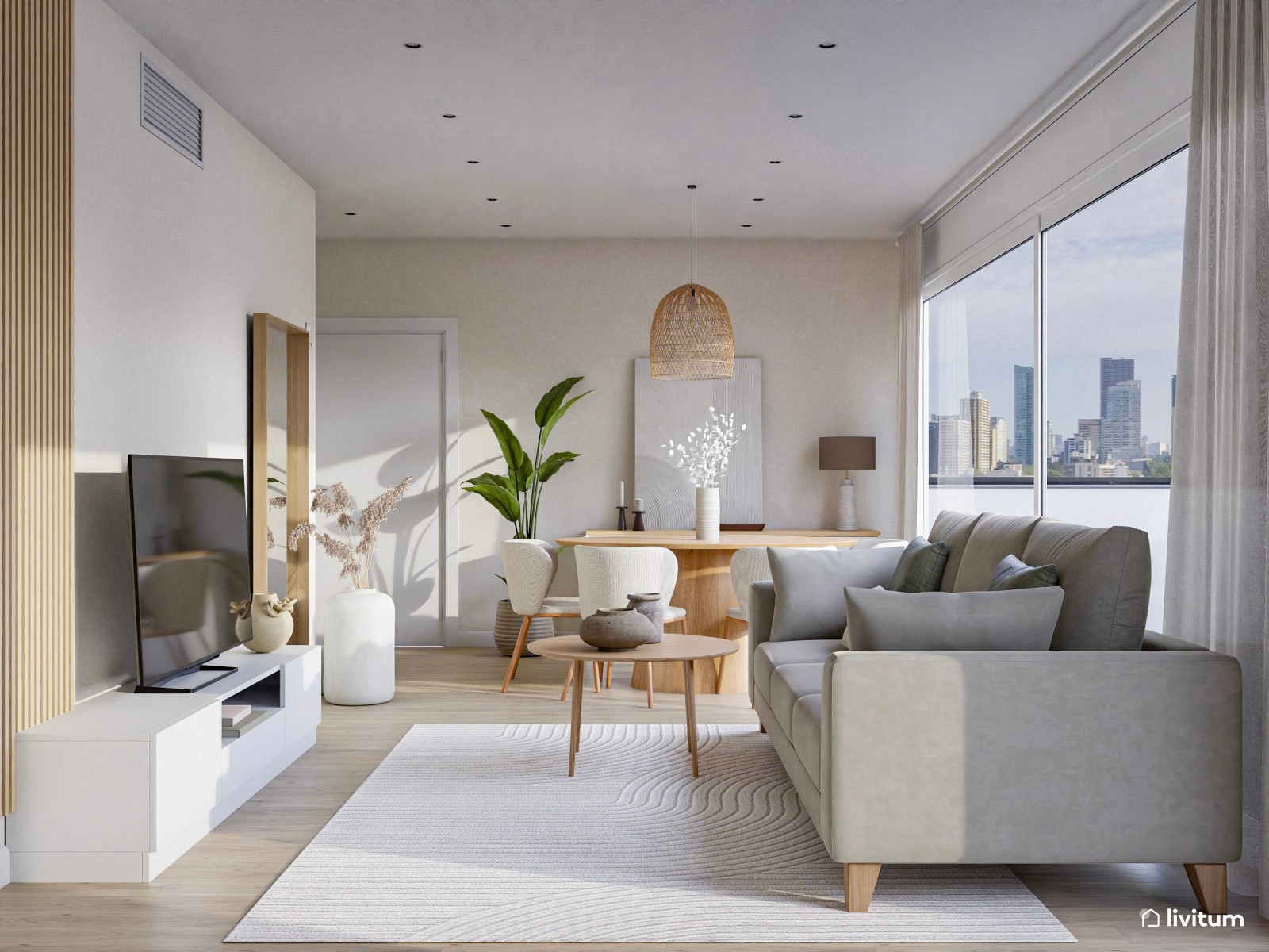 Salón comedor con cocina abierta de estilo nórdico con mesa ovalada 