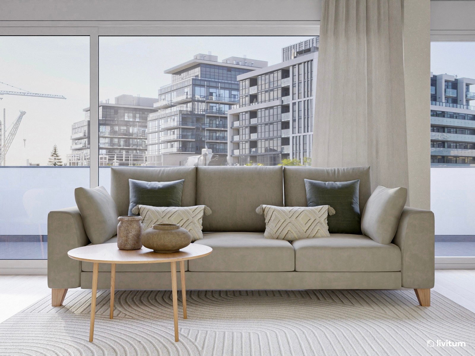 Salón comedor con cocina abierta de estilo nórdico con mesa ovalada 