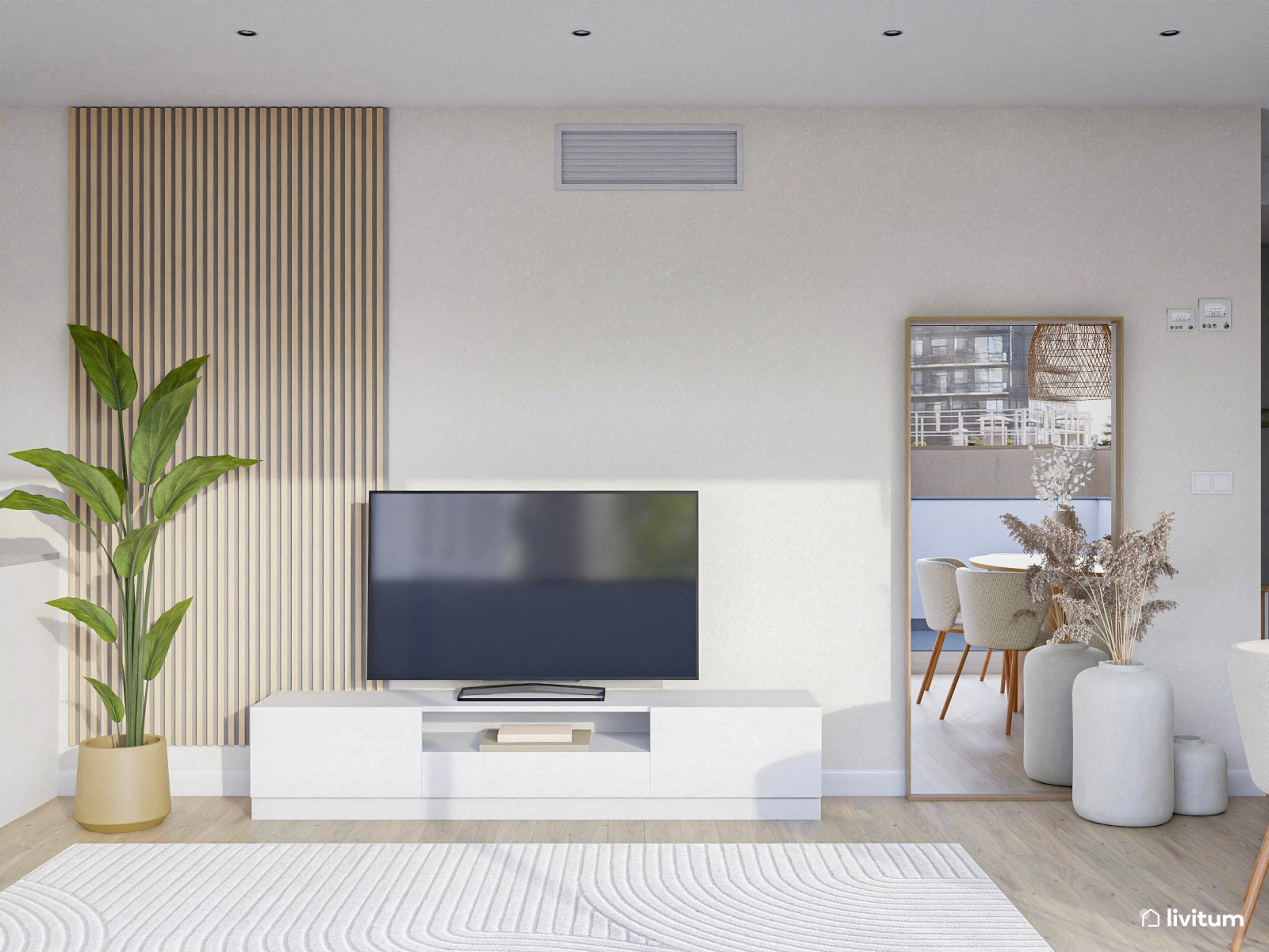 Salón comedor con cocina abierta de estilo nórdico con mesa ovalada 