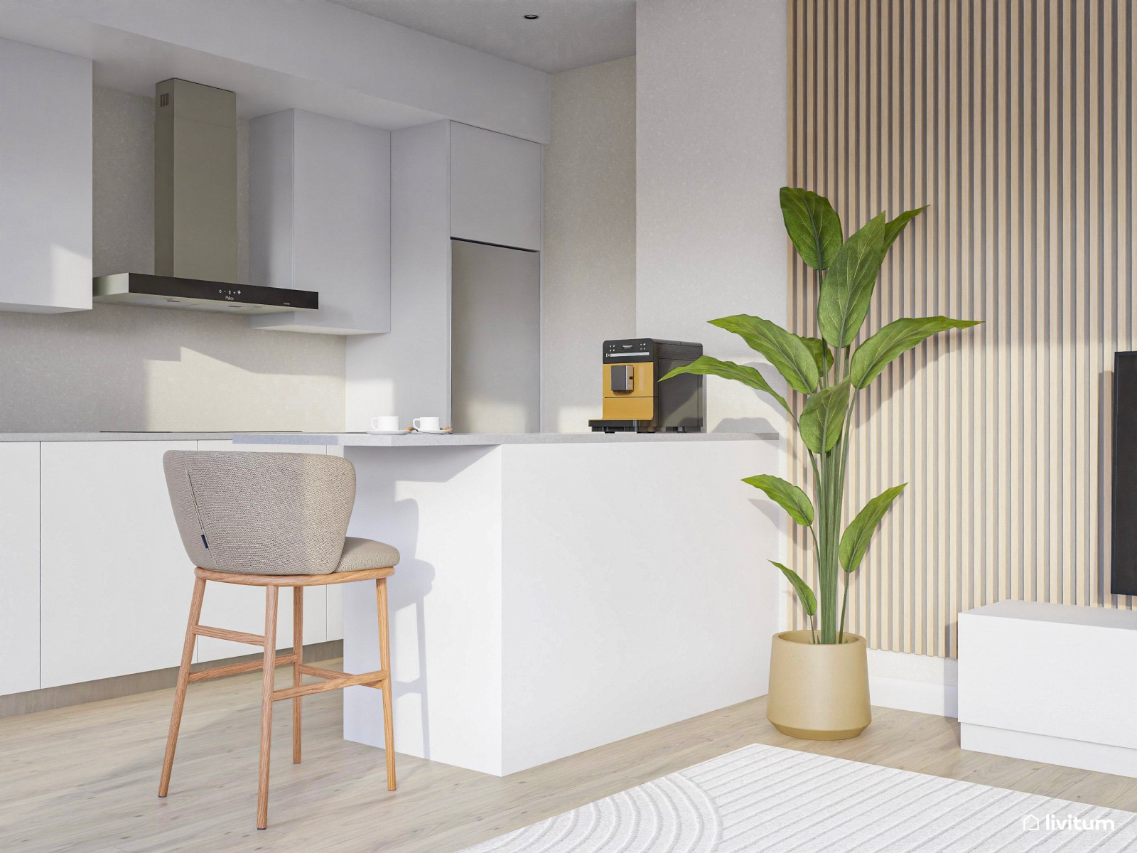 Salón comedor con cocina abierta de estilo nórdico con mesa ovalada 