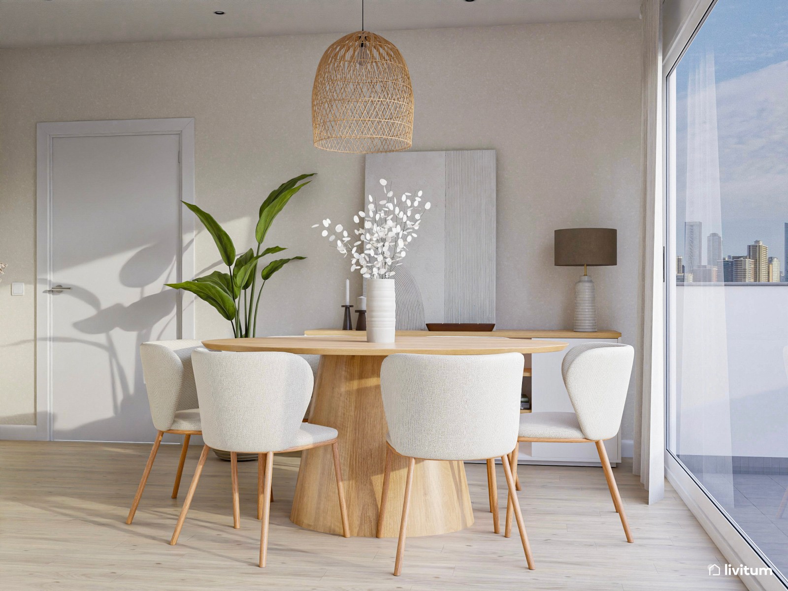 Salón comedor con cocina abierta de estilo nórdico con mesa ovalada 