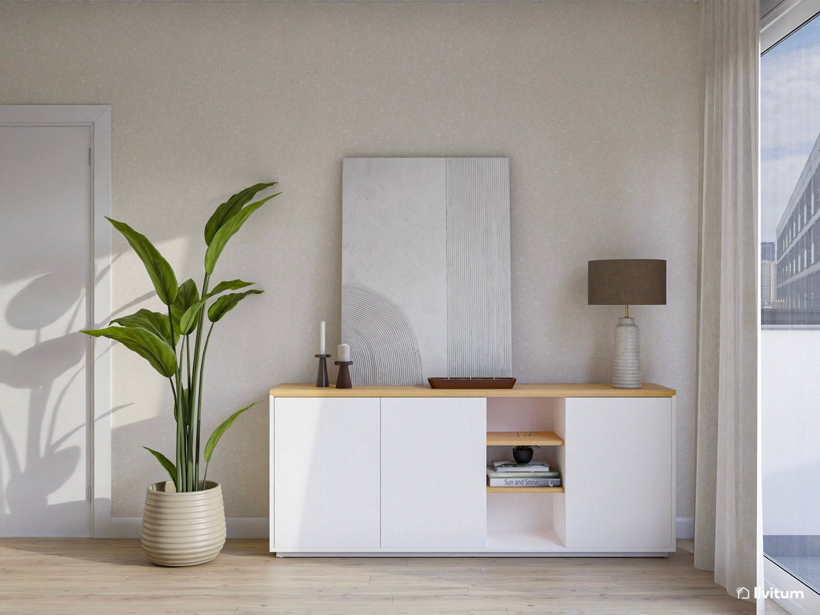 Salón comedor con cocina abierta de estilo nórdico con mesa ovalada 