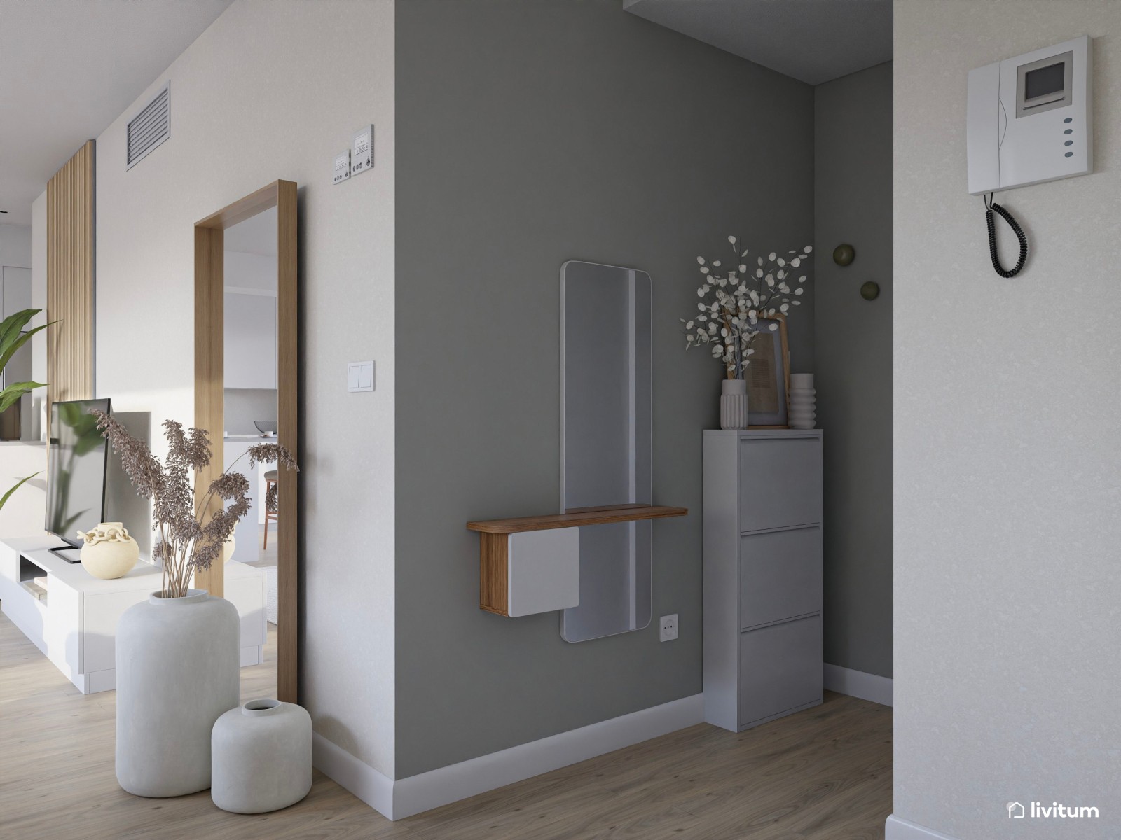 Salón comedor con cocina abierta de estilo nórdico con mesa ovalada 