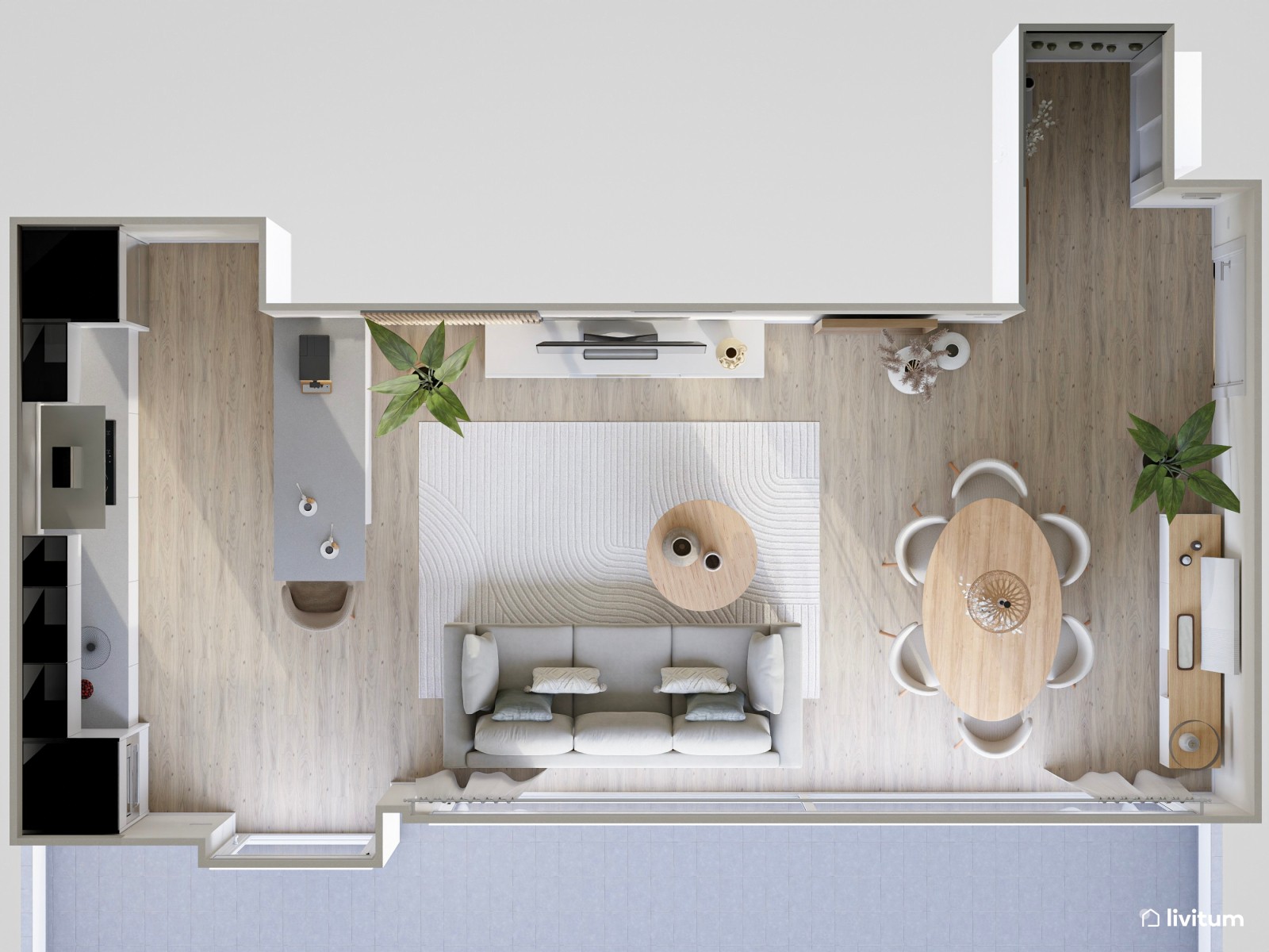 Salón comedor con cocina abierta de estilo nórdico con mesa ovalada 