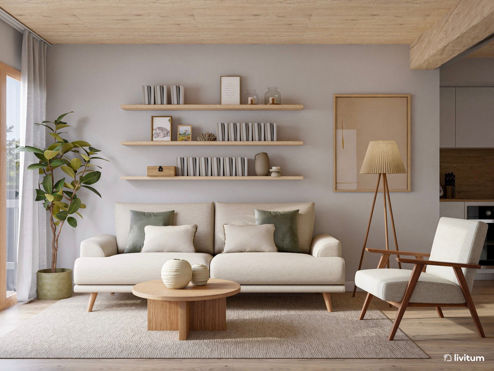 Salón comedor con cocina abierta de estilo nórdico y rústico con la madera como protagonista