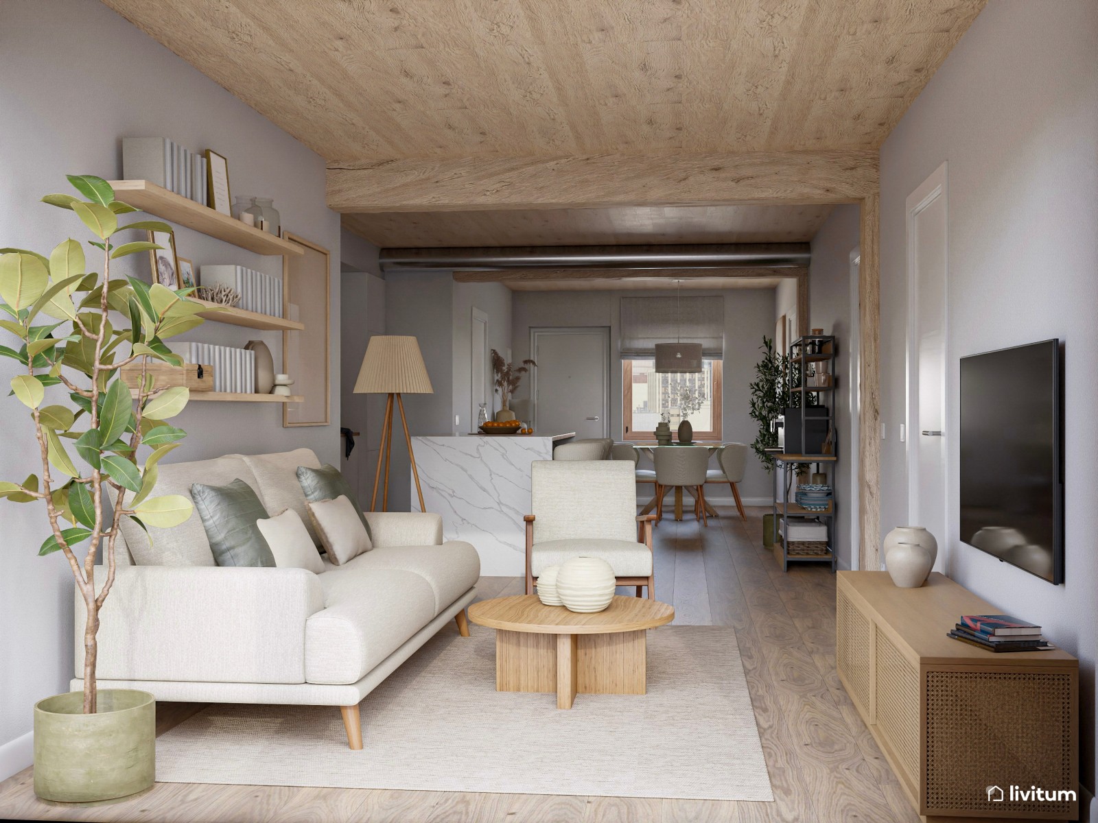 Salón comedor con cocina abierta de estilo nórdico y rústico con la madera como protagonista