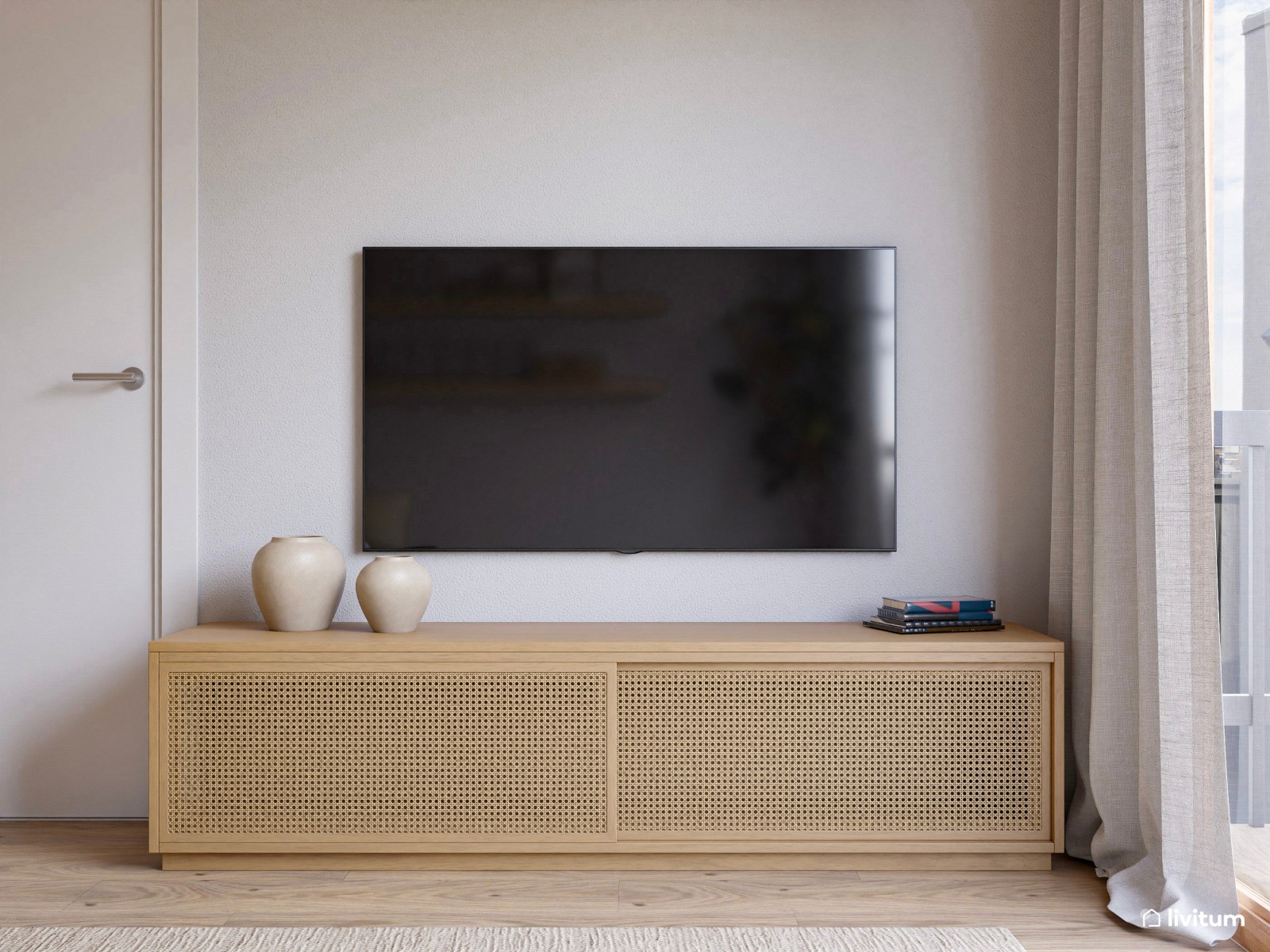 Salón comedor con cocina abierta de estilo nórdico y rústico con la madera como protagonista