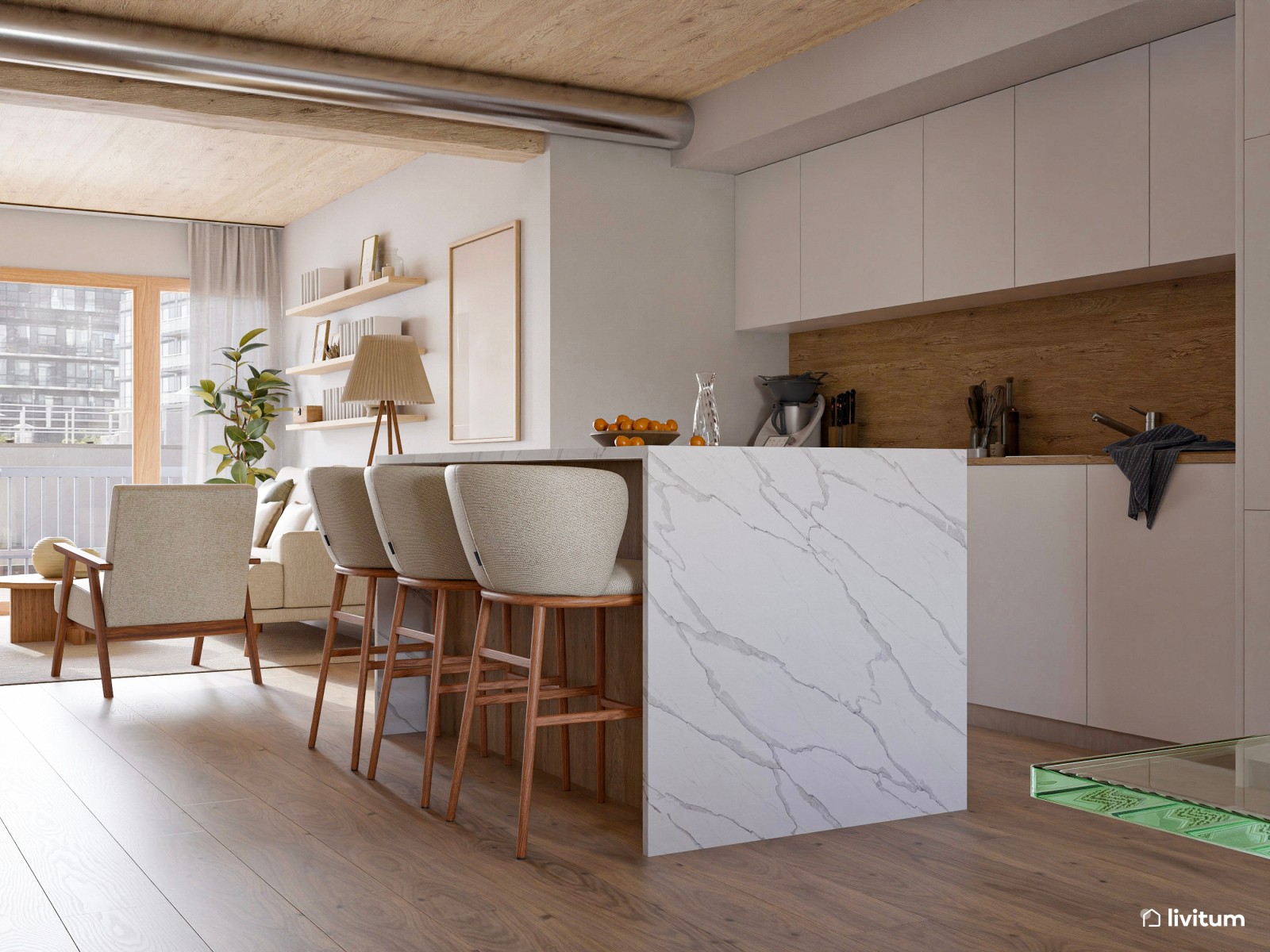 Salón comedor con cocina abierta de estilo nórdico y rústico con la madera como protagonista