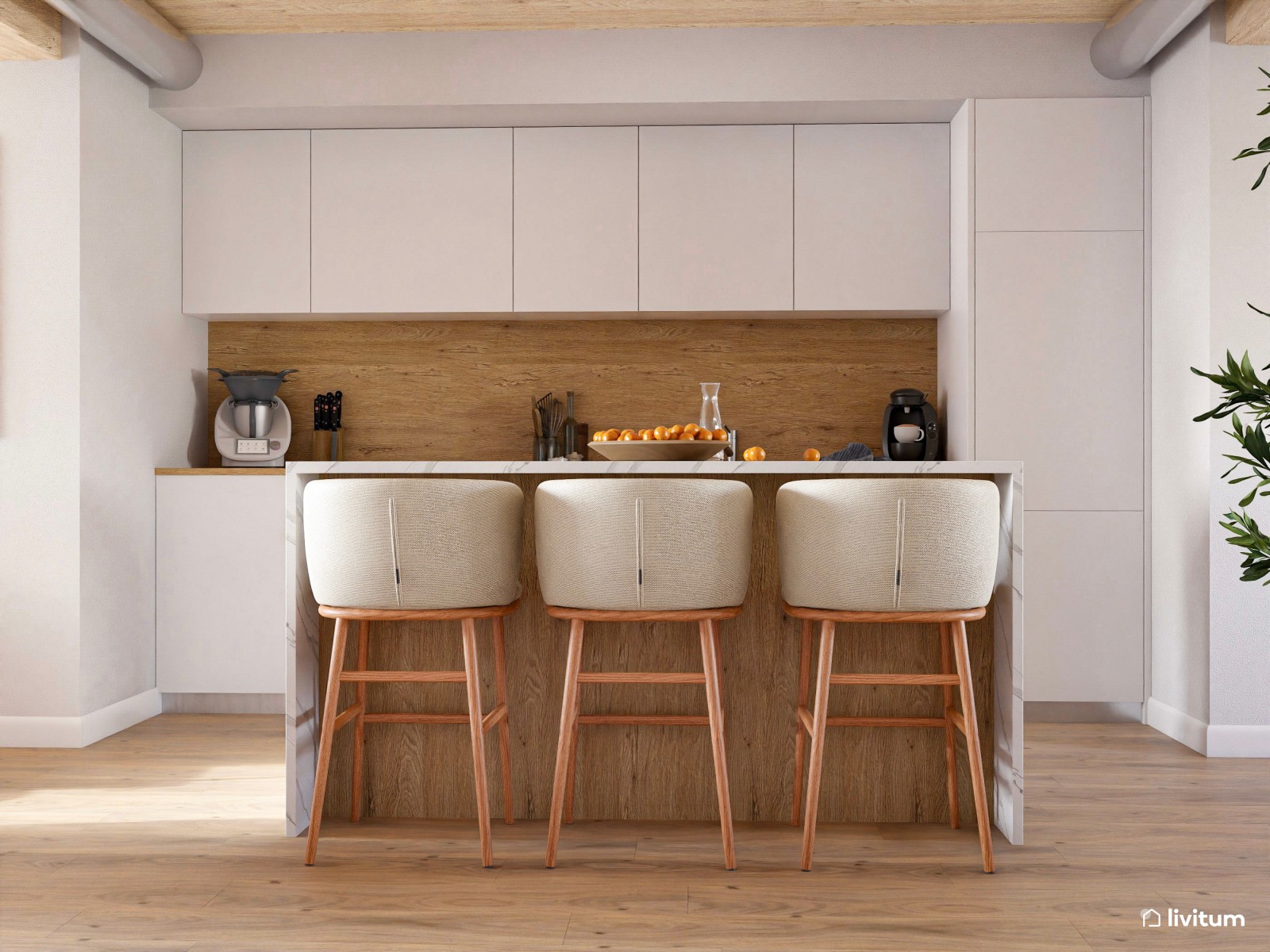 Salón comedor con cocina abierta de estilo nórdico y rústico con la madera como protagonista