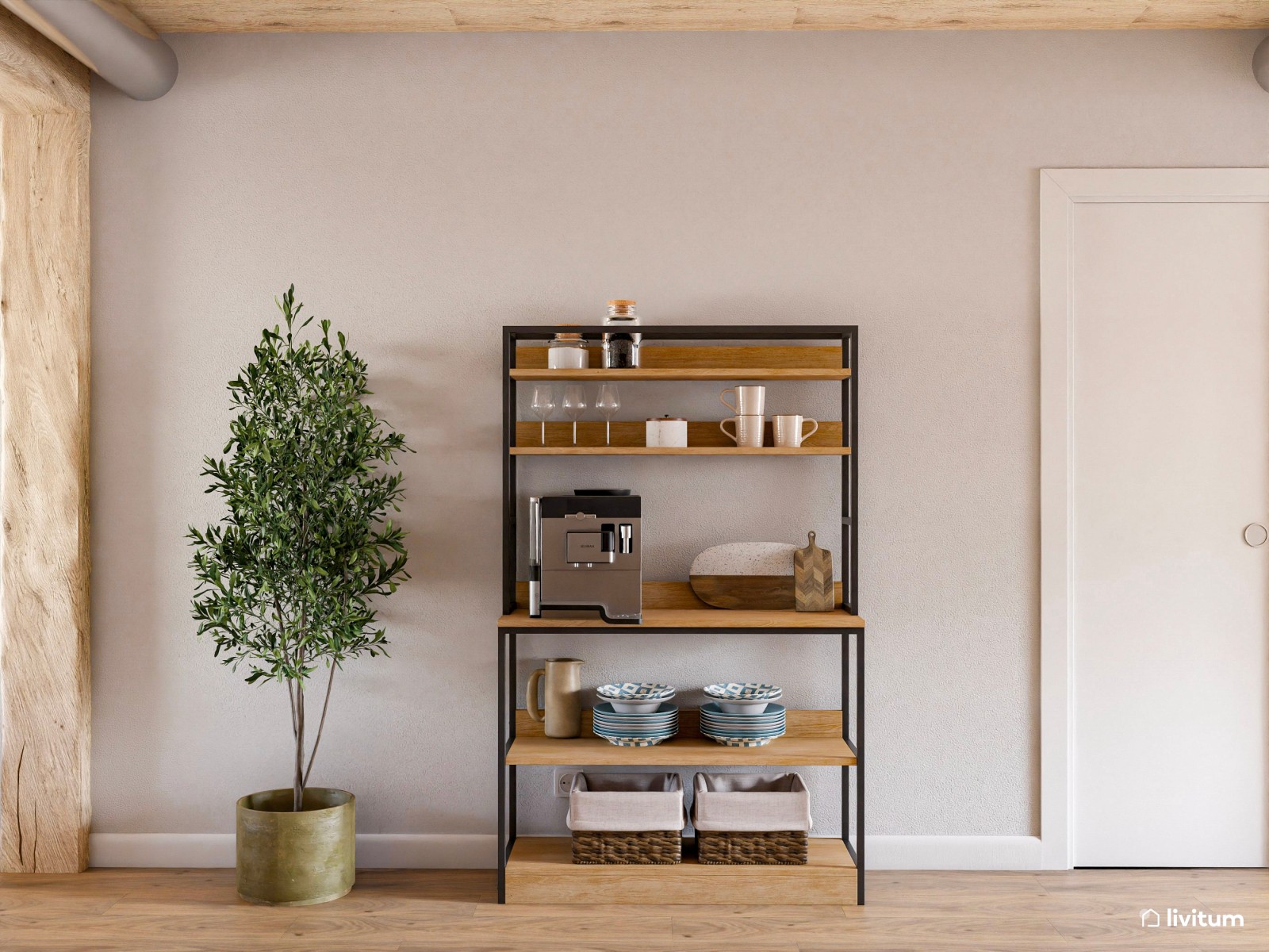 Salón comedor con cocina abierta de estilo nórdico y rústico con la madera como protagonista