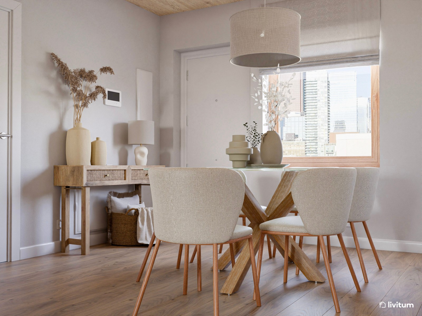 Salón comedor con cocina abierta de estilo nórdico y rústico con la madera como protagonista