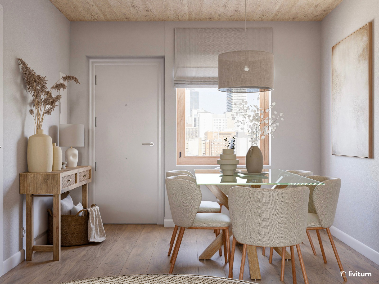 Salón comedor con cocina abierta de estilo nórdico y rústico con la madera como protagonista