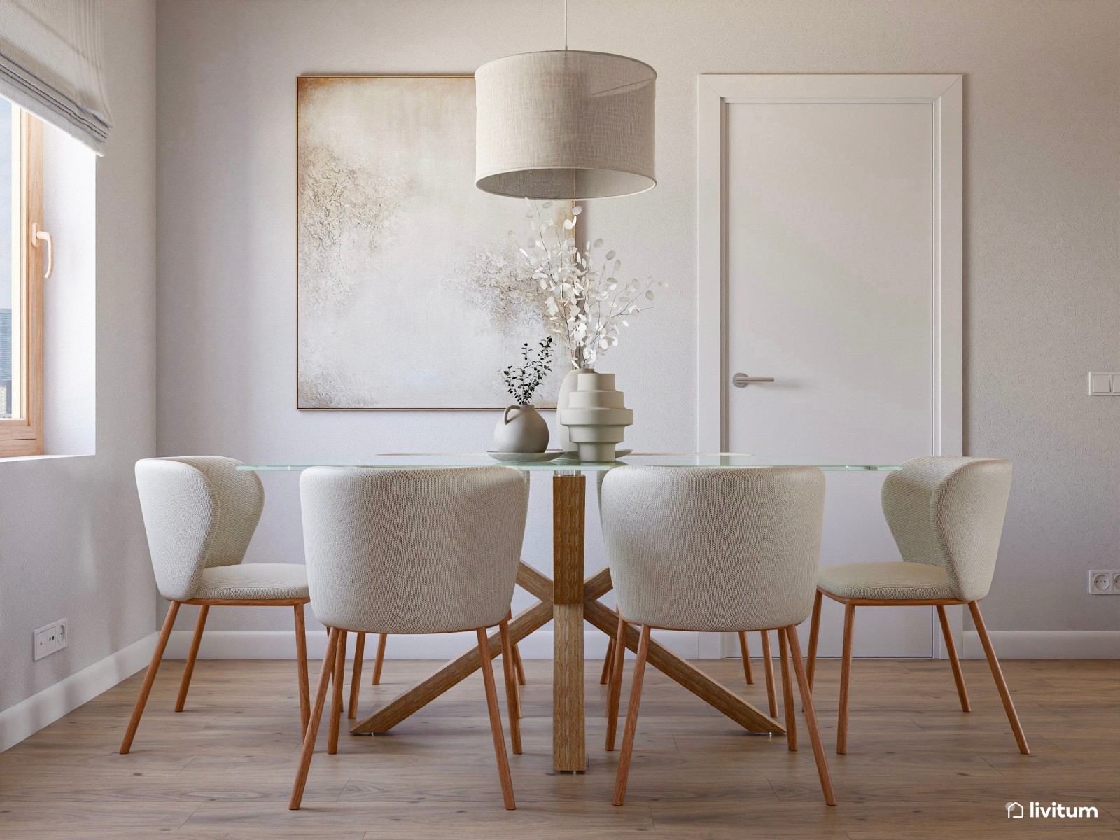 Salón comedor con cocina abierta de estilo nórdico y rústico con la madera como protagonista