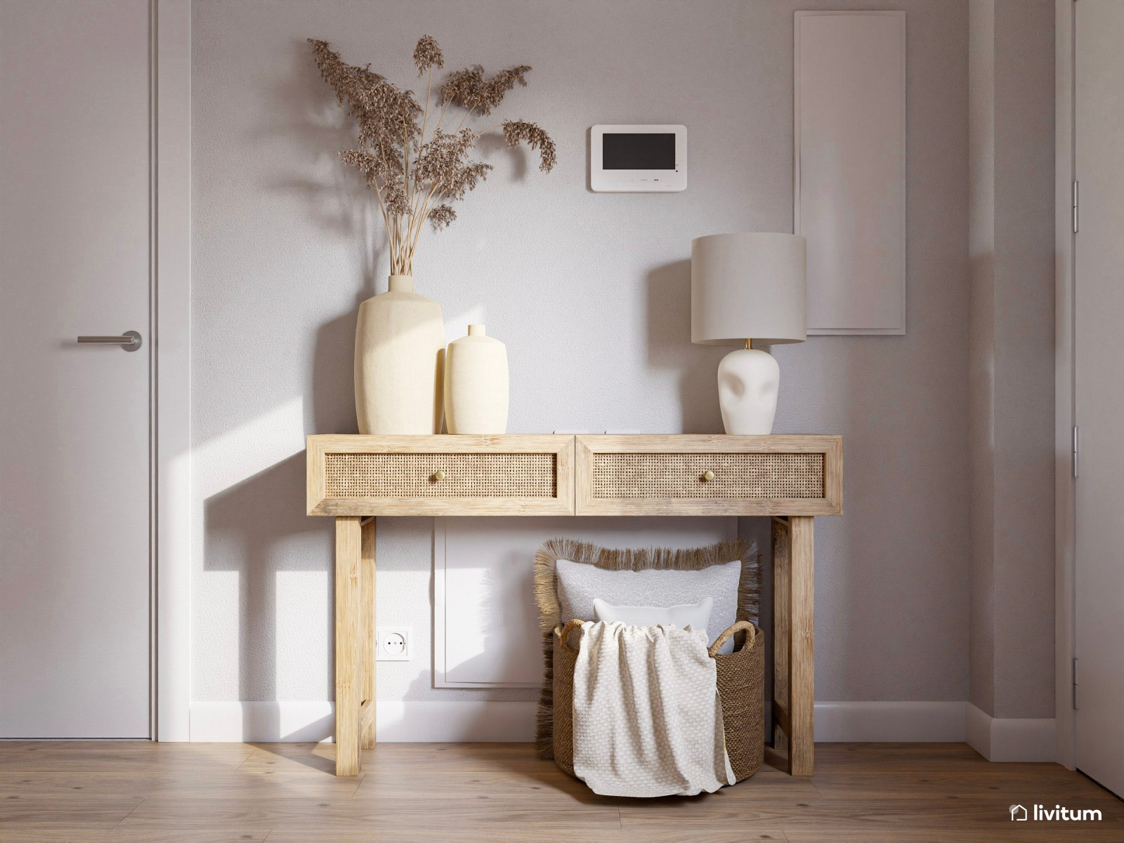 Salón comedor con cocina abierta de estilo nórdico y rústico con la madera como protagonista
