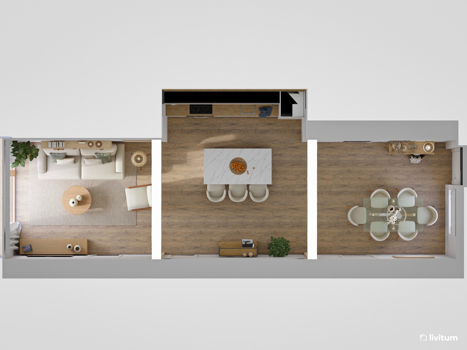 Salón comedor con cocina abierta de estilo nórdico y rústico con la madera como protagonista