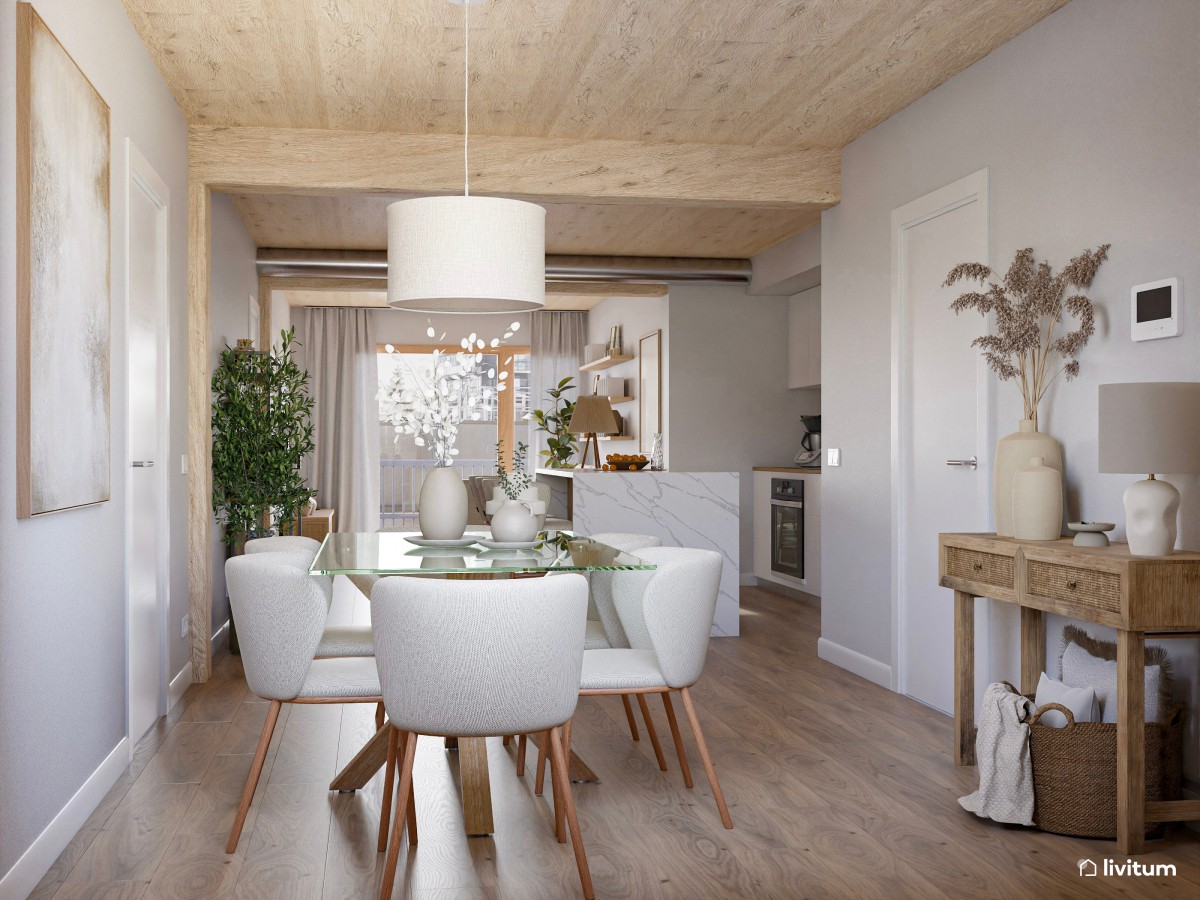 Salón comedor con cocina abierta de estilo nórdico y rústico con la madera como protagonista