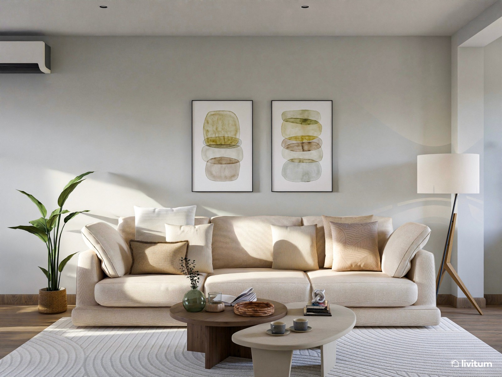 Salón comedor con cocina abierta de tonos claros y detalles en madera