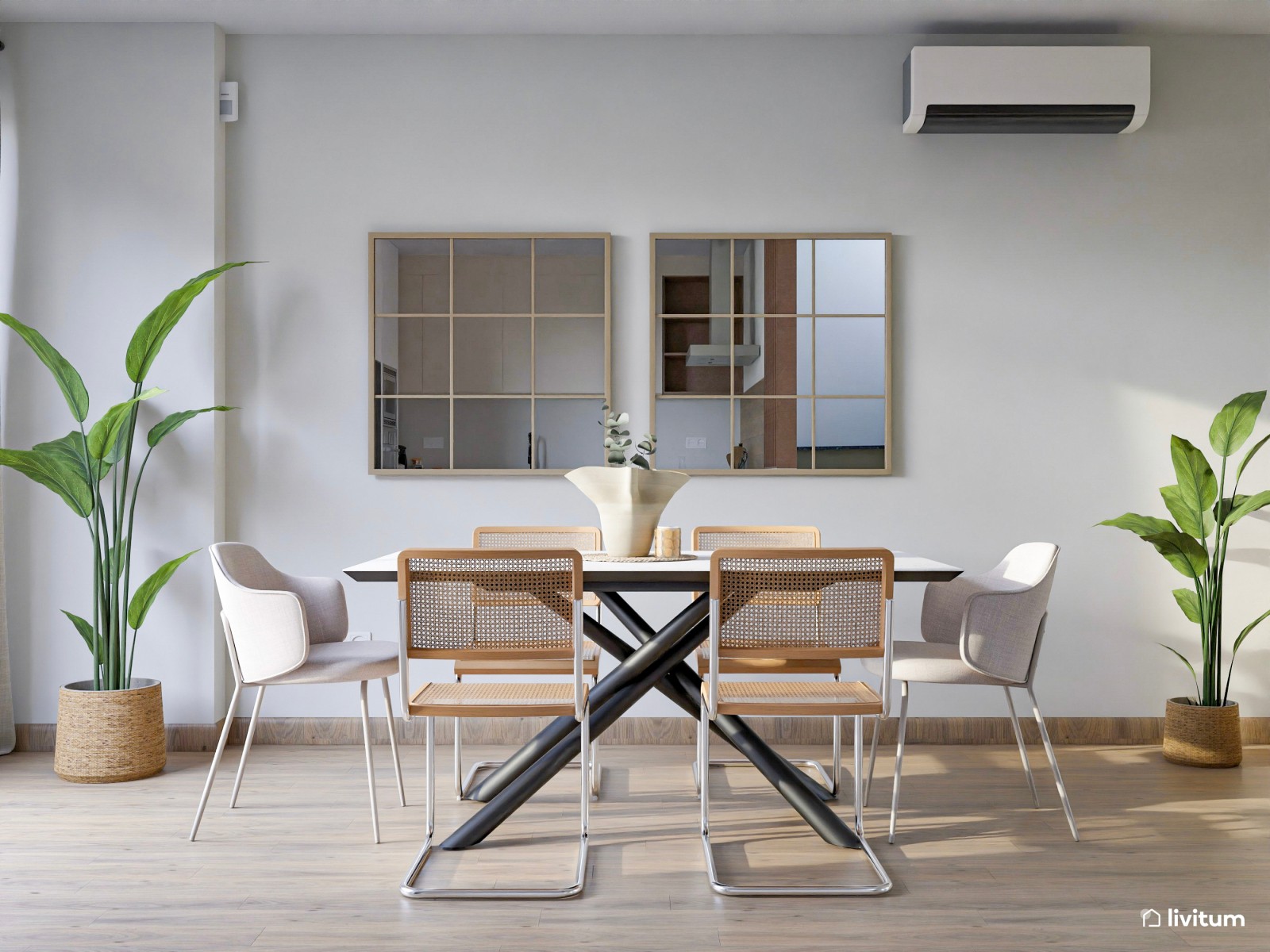 Salón comedor con cocina abierta de tonos claros y detalles en madera