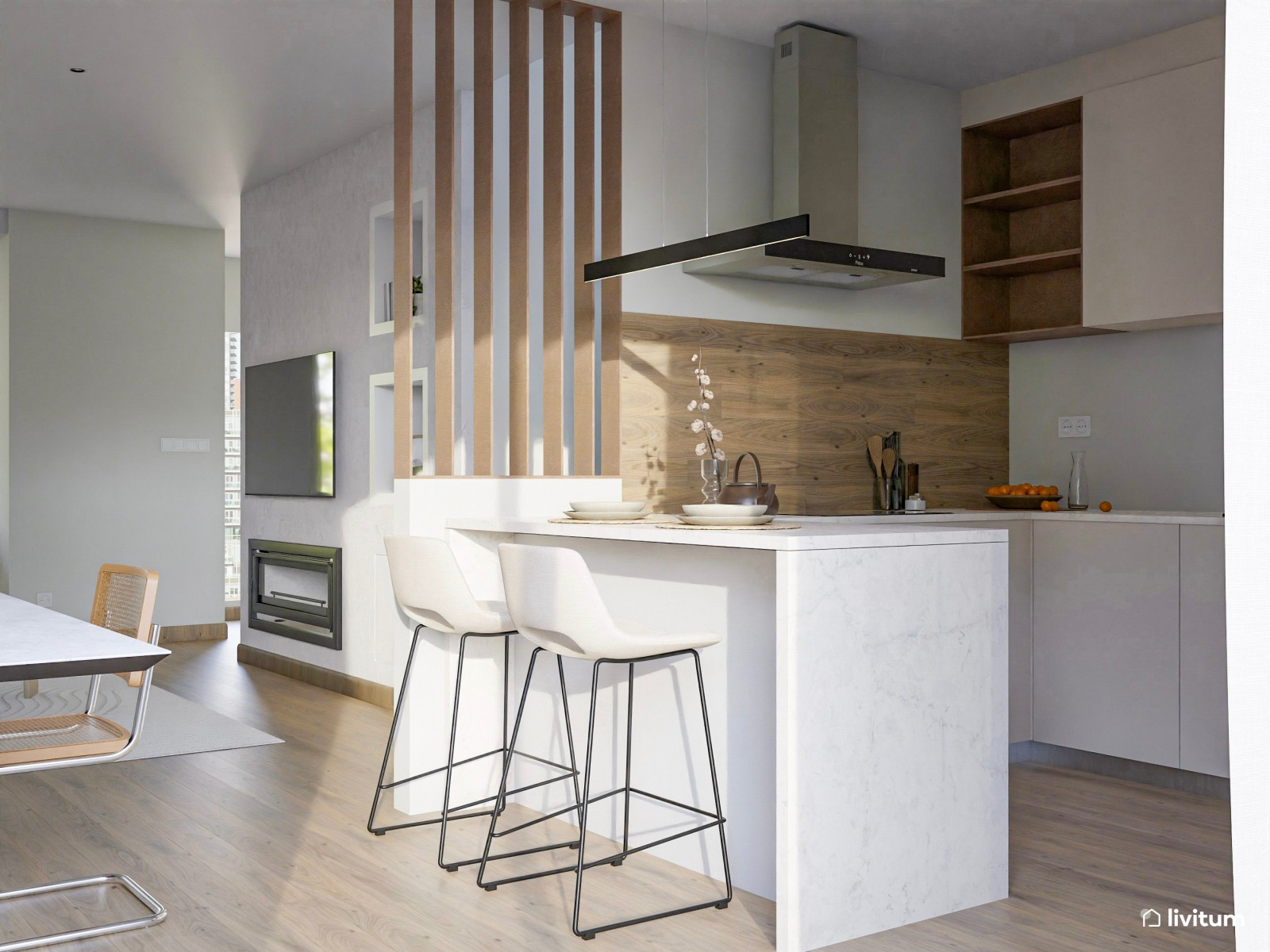 Salón comedor con cocina abierta de tonos claros y detalles en madera