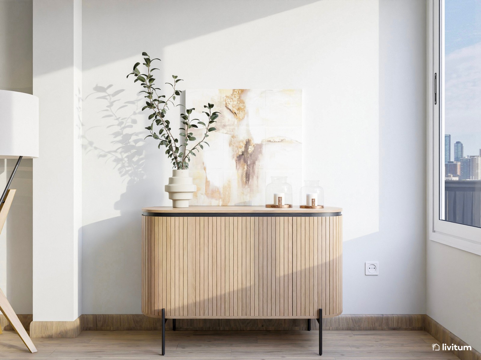 Salón comedor con cocina abierta de tonos claros y detalles en madera