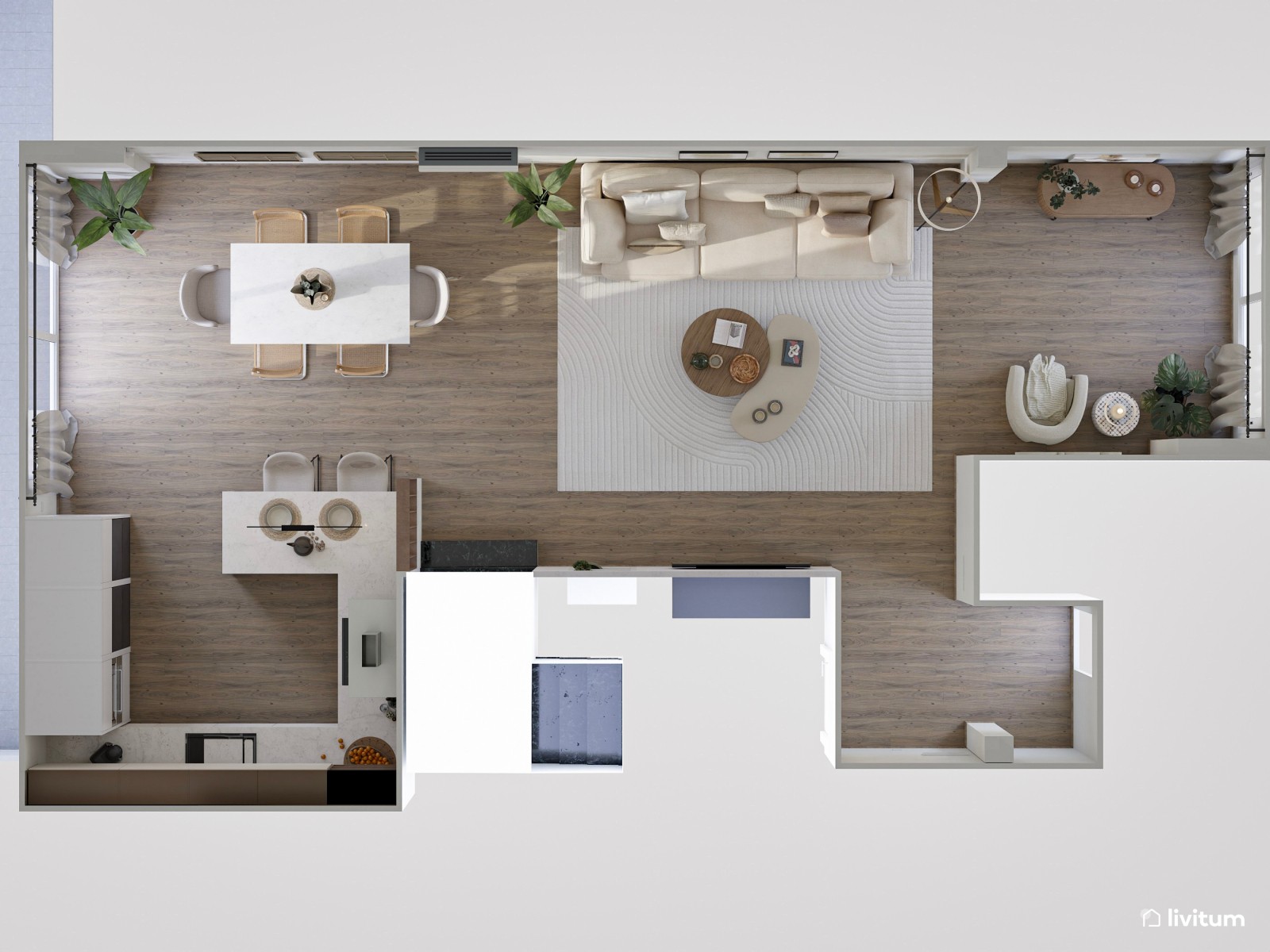 Salón comedor con cocina abierta de tonos claros y detalles en madera