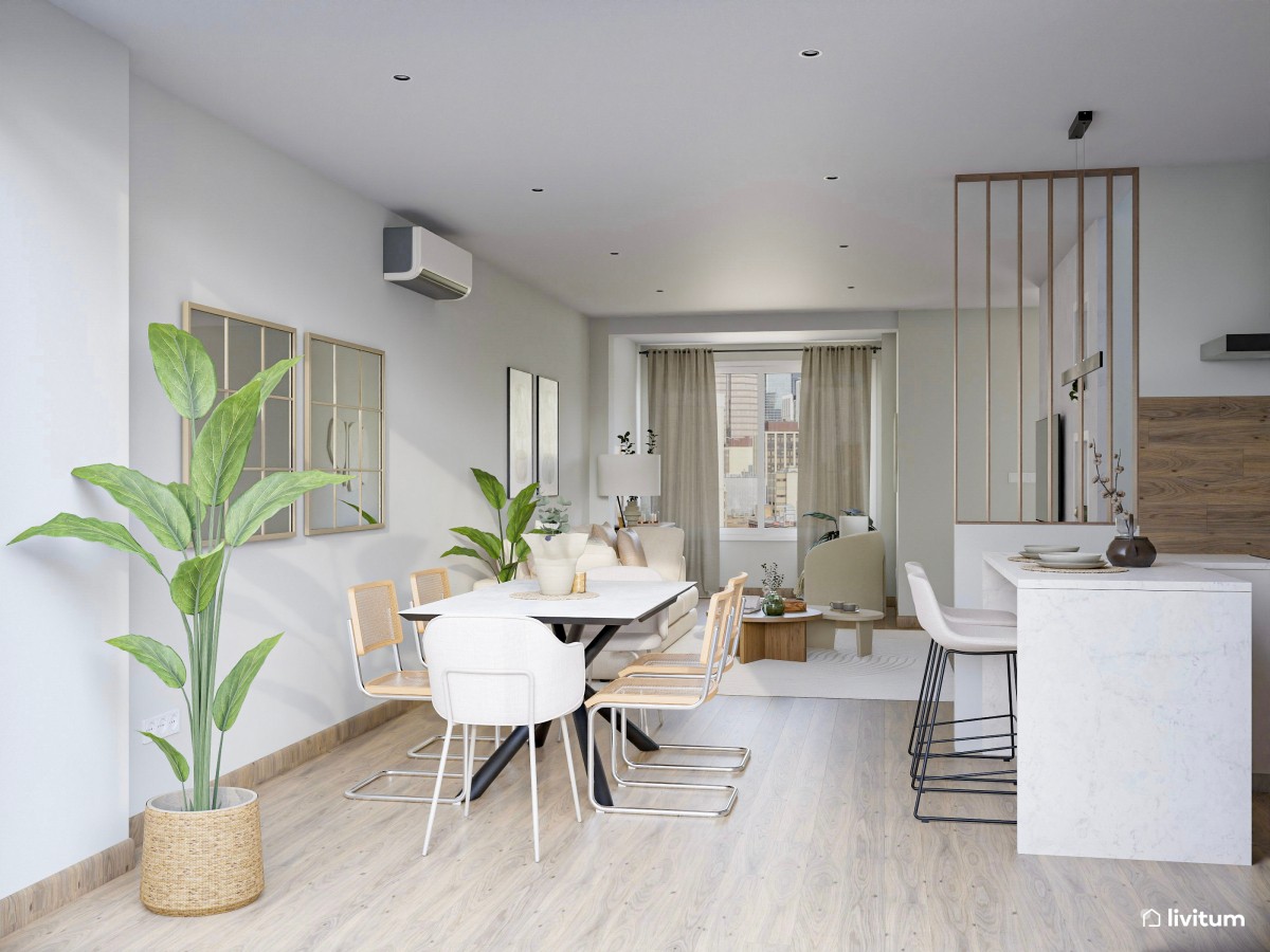Salón comedor con cocina abierta de tonos claros y detalles en madera