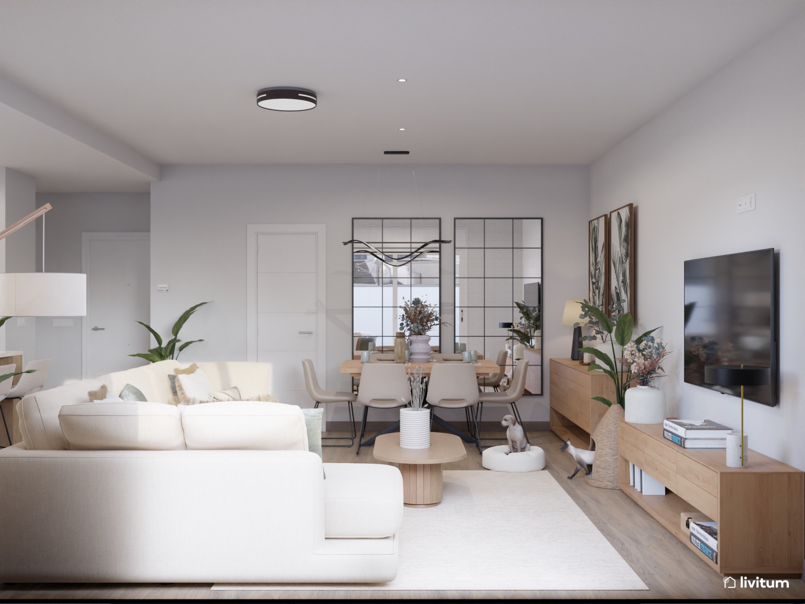 Salón comedor con cocina abierta de tonos suaves y detalles en negro