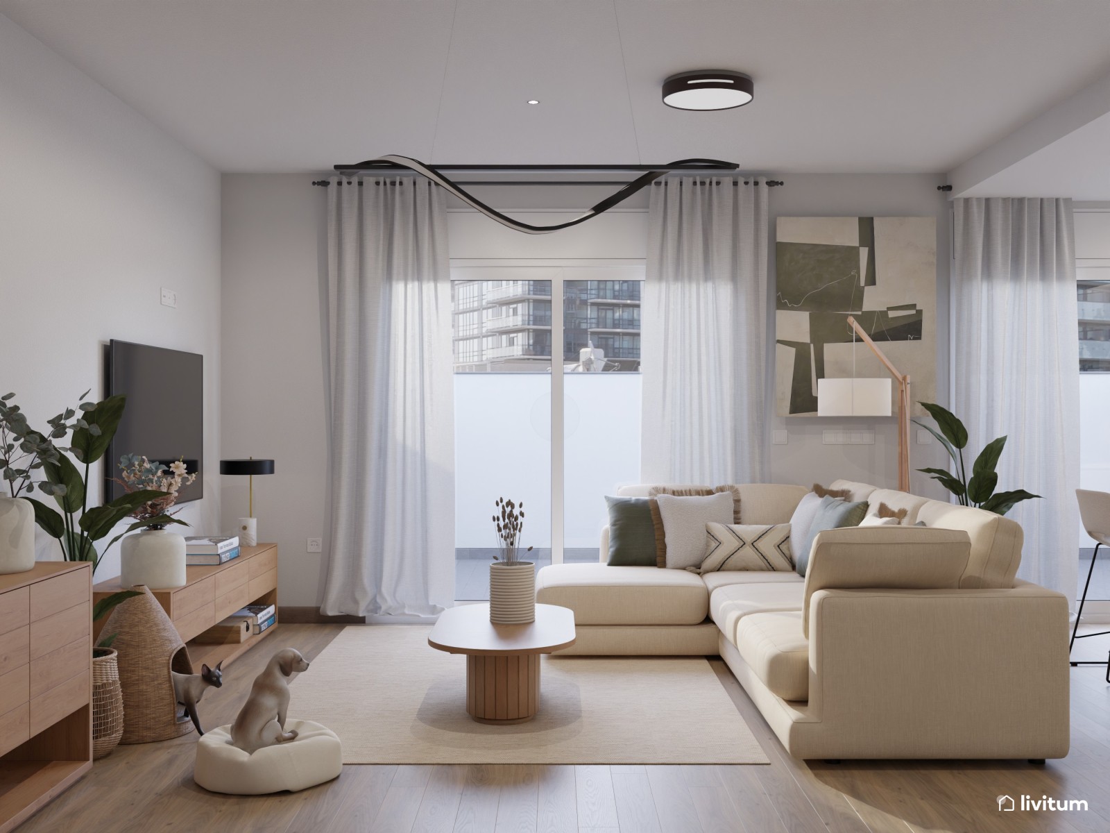 Salón comedor con cocina abierta de tonos suaves y detalles en negro