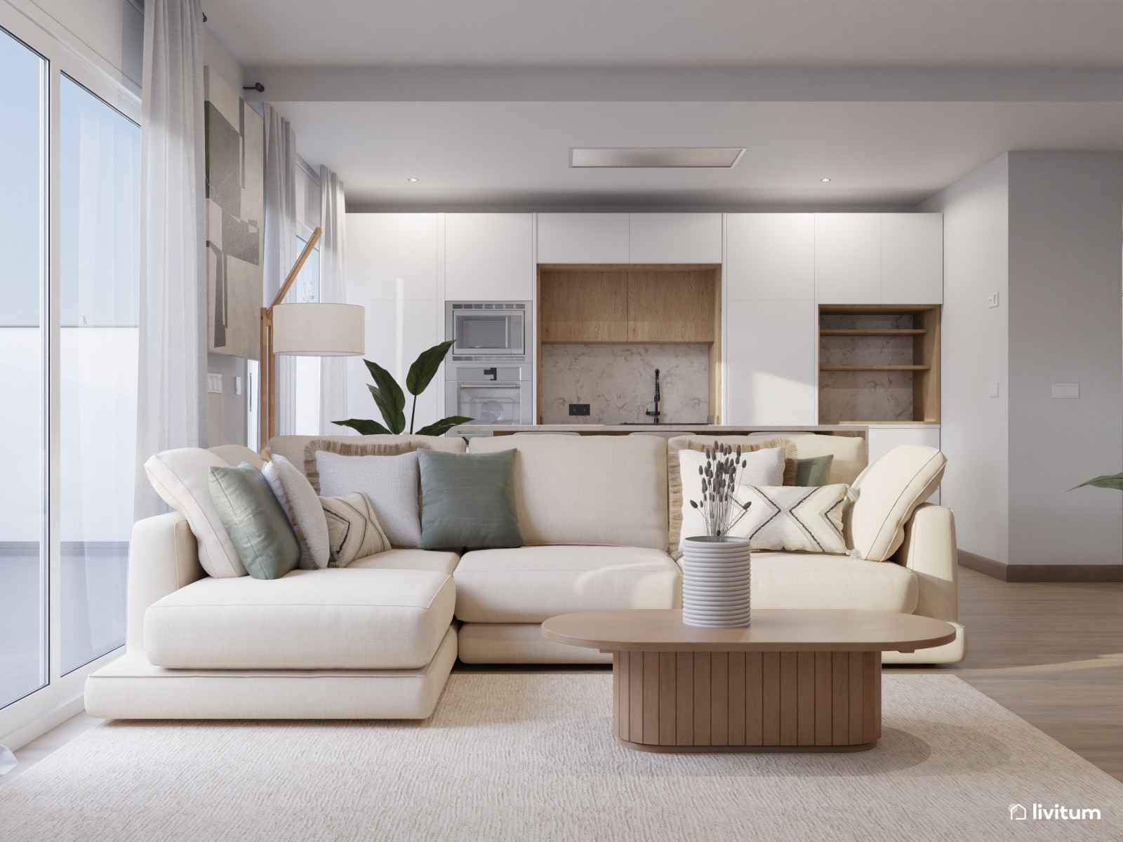 Salón comedor con cocina abierta de tonos suaves y detalles en negro