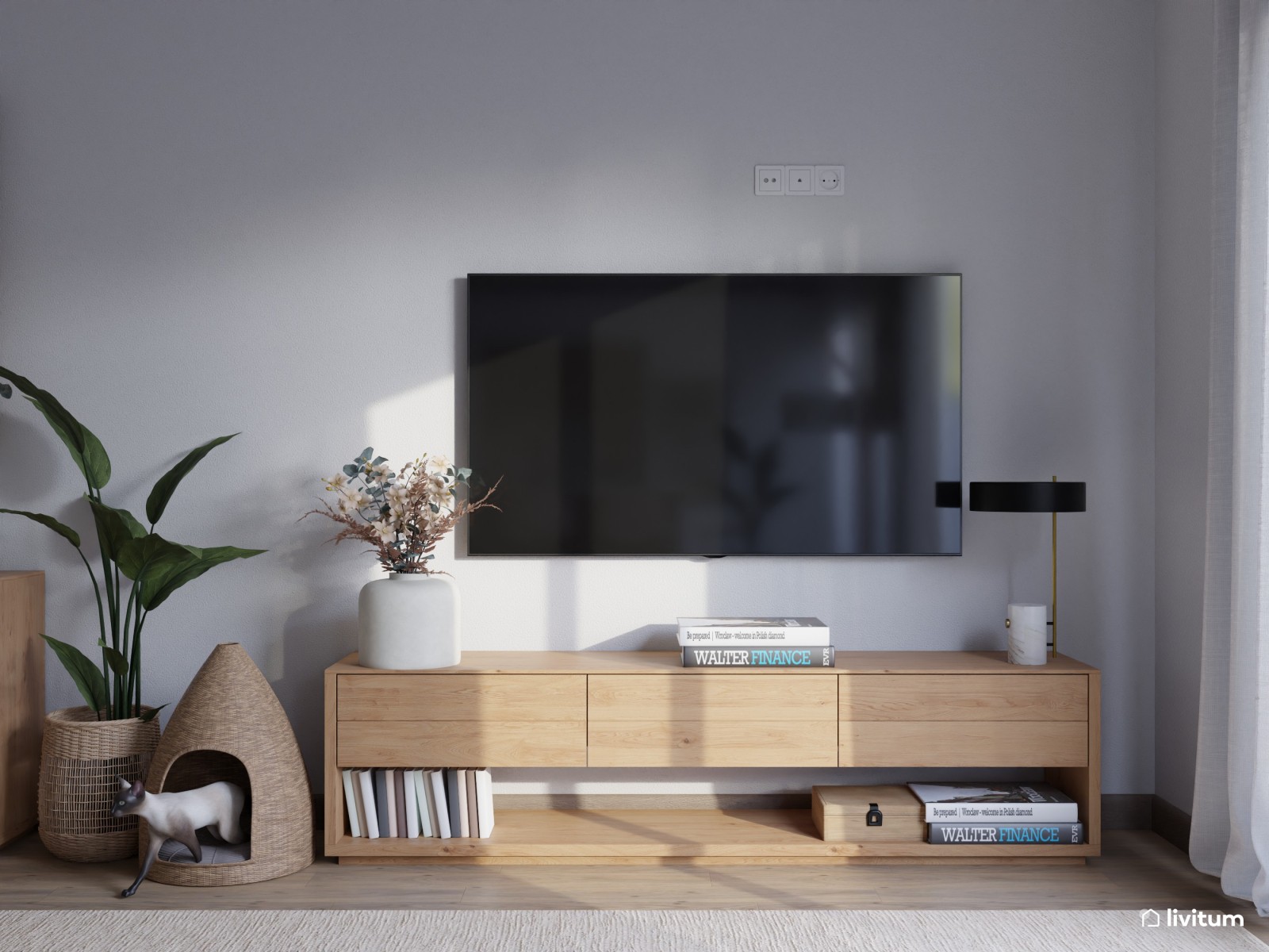 Salón comedor con cocina abierta de tonos suaves y detalles en negro