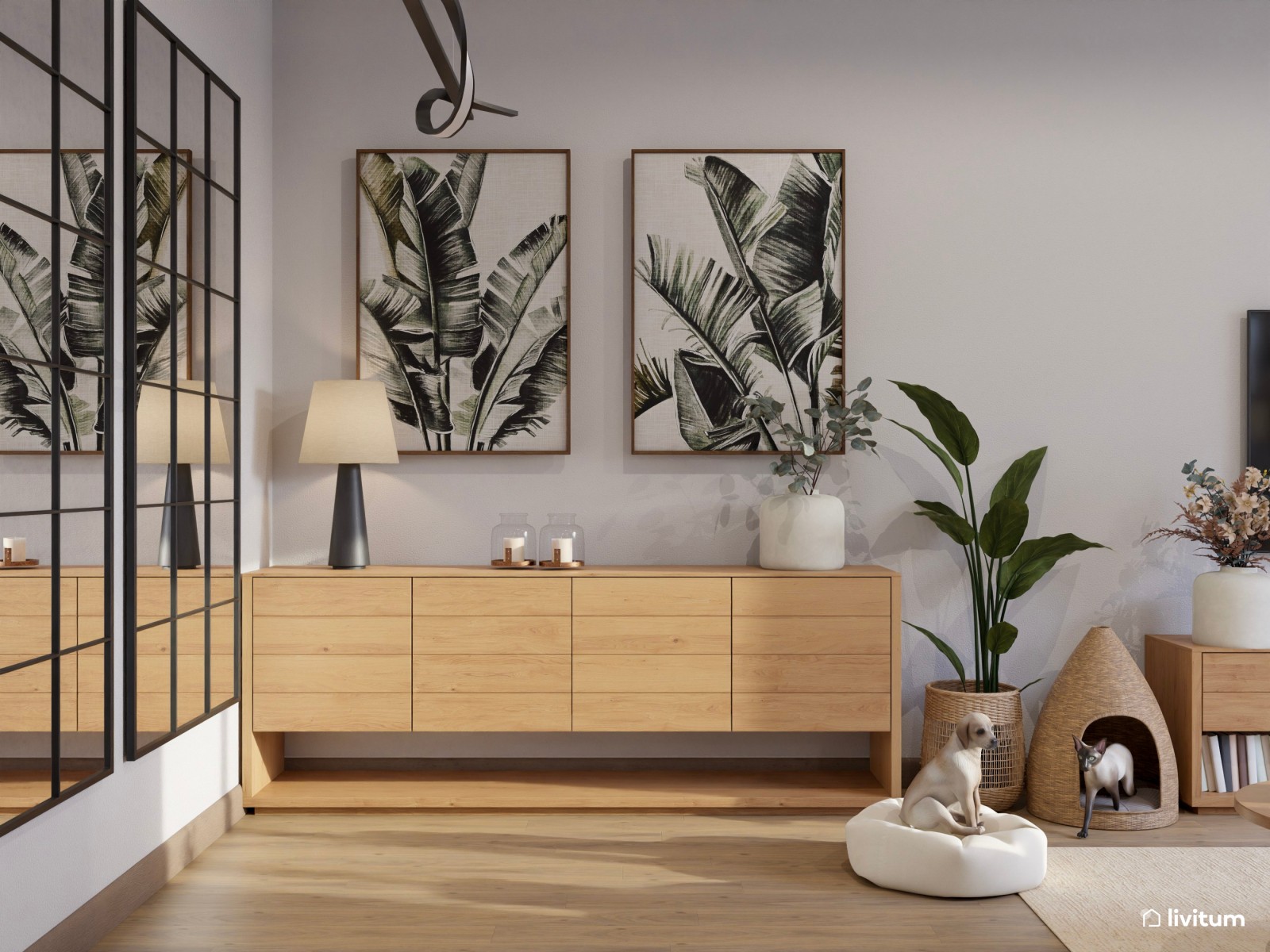 Salón comedor con cocina abierta de tonos suaves y detalles en negro