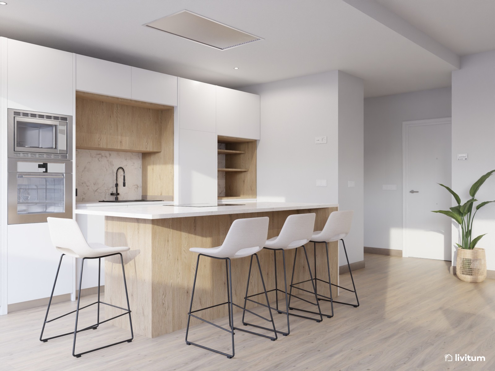 Salón comedor con cocina abierta de tonos suaves y detalles en negro