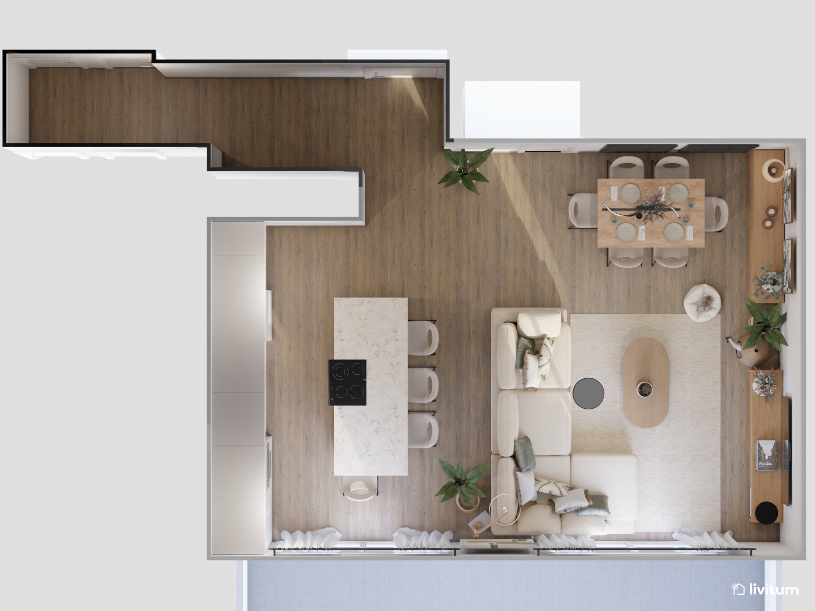 Salón comedor con cocina abierta de tonos suaves y detalles en negro