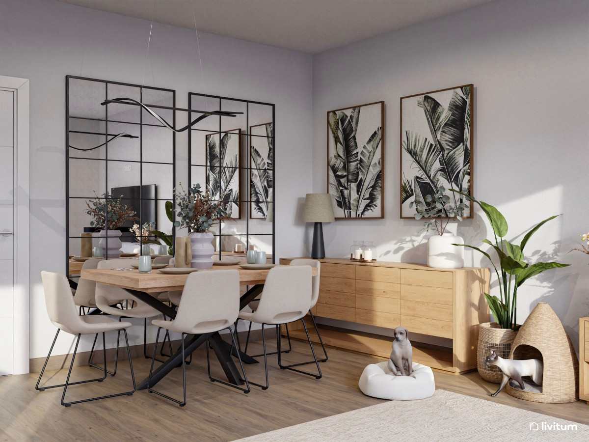 Salón comedor con cocina abierta de tonos suaves y detalles en negro