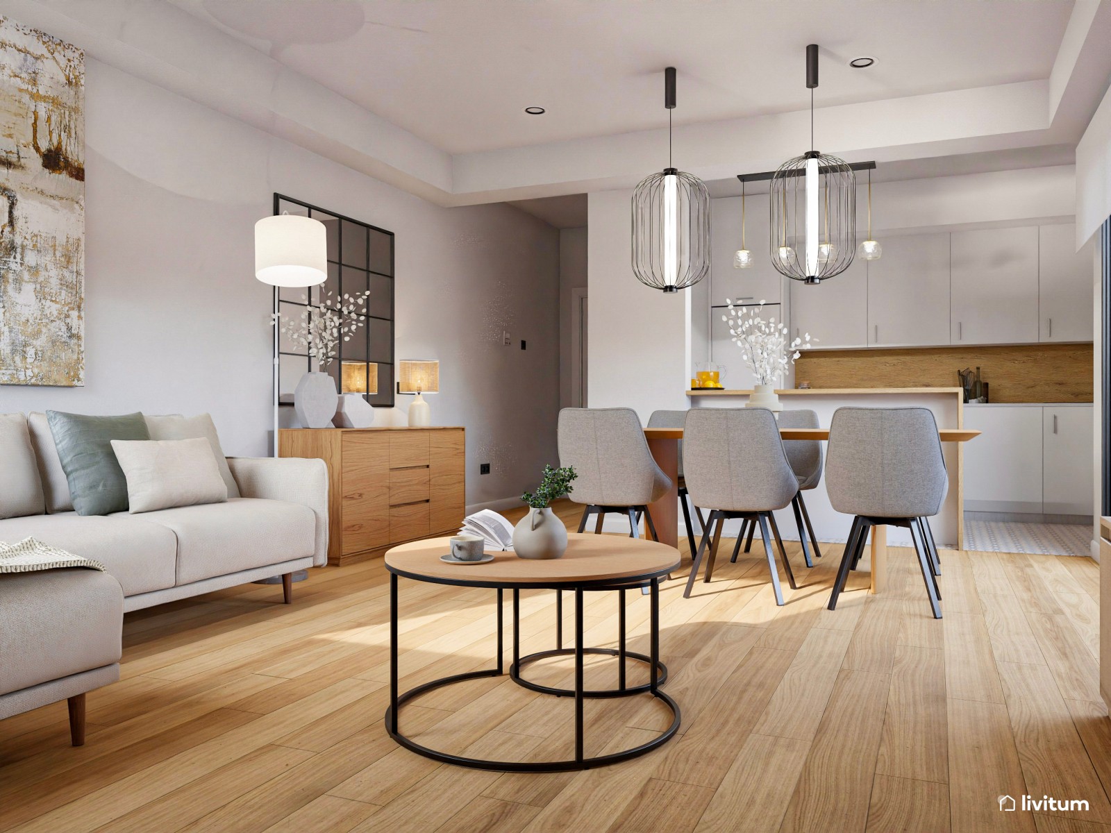 Salón comedor con cocina abierta de tonos tierra y toques en negro