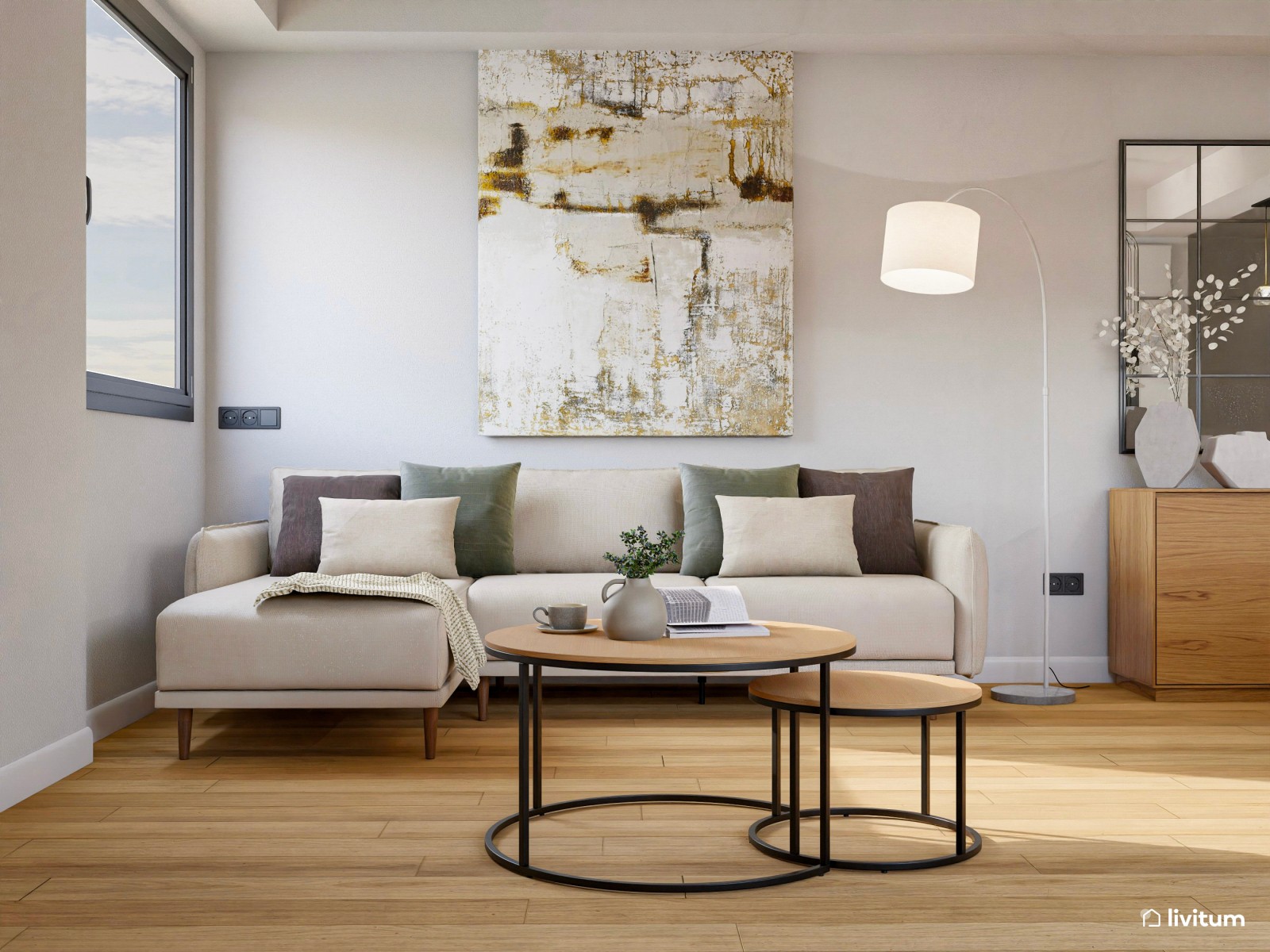 Salón comedor con cocina abierta de tonos tierra y toques en negro