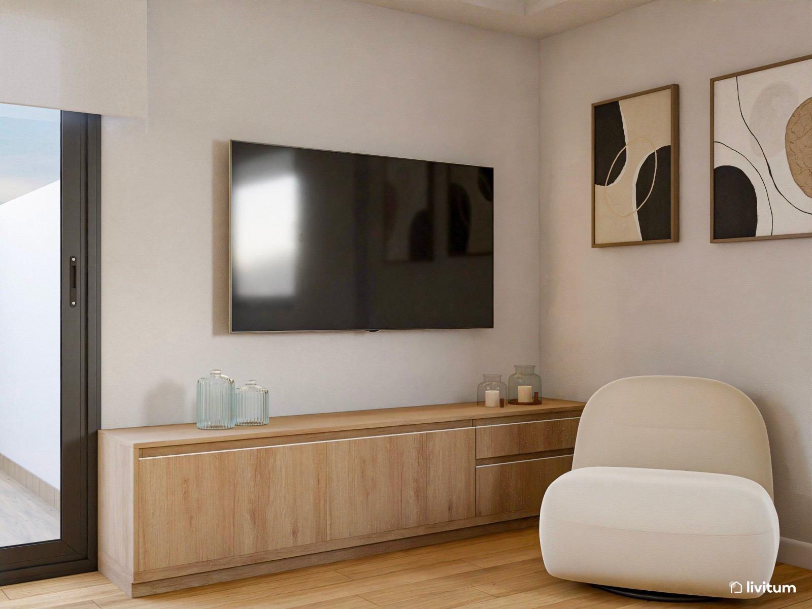 Salón comedor con cocina abierta de tonos tierra y toques en negro