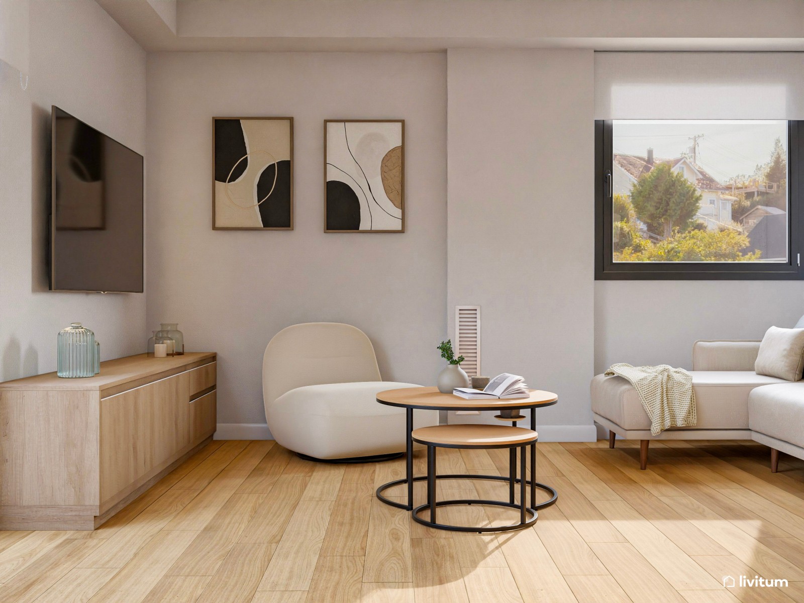 Salón comedor con cocina abierta de tonos tierra y toques en negro