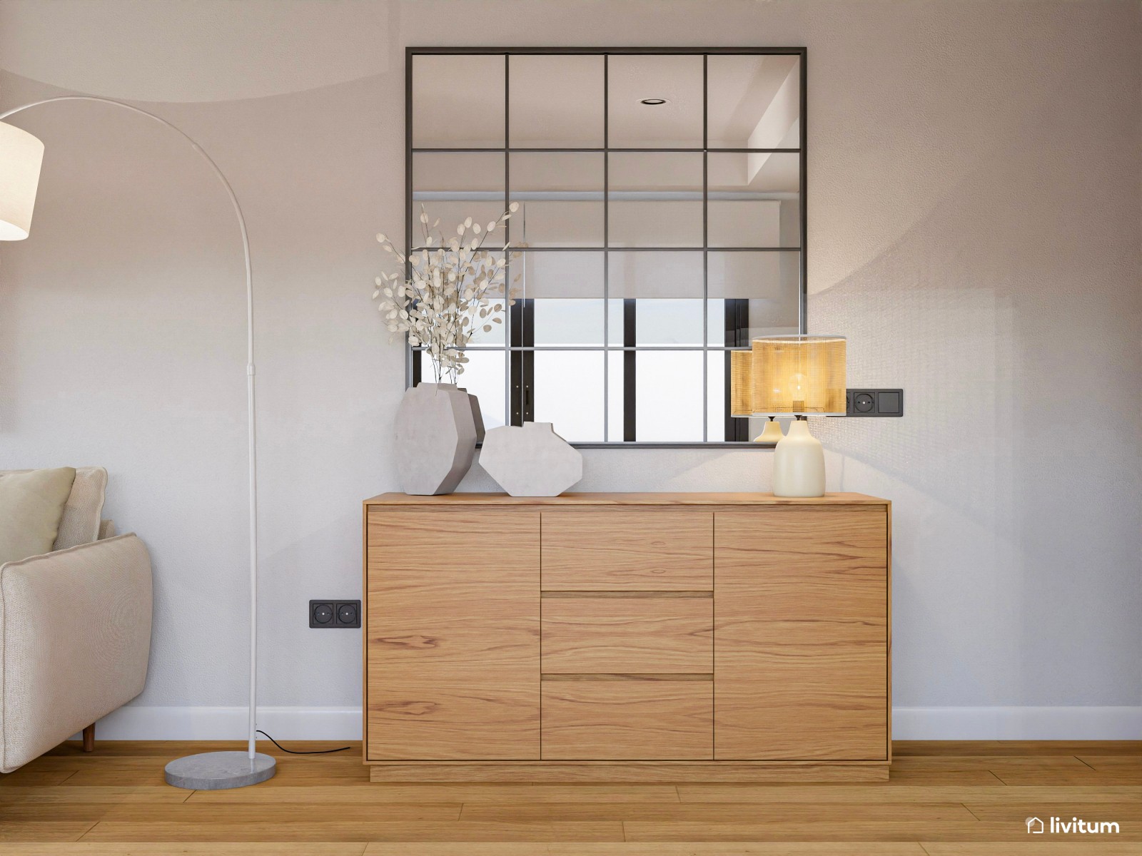 Salón comedor con cocina abierta de tonos tierra y toques en negro