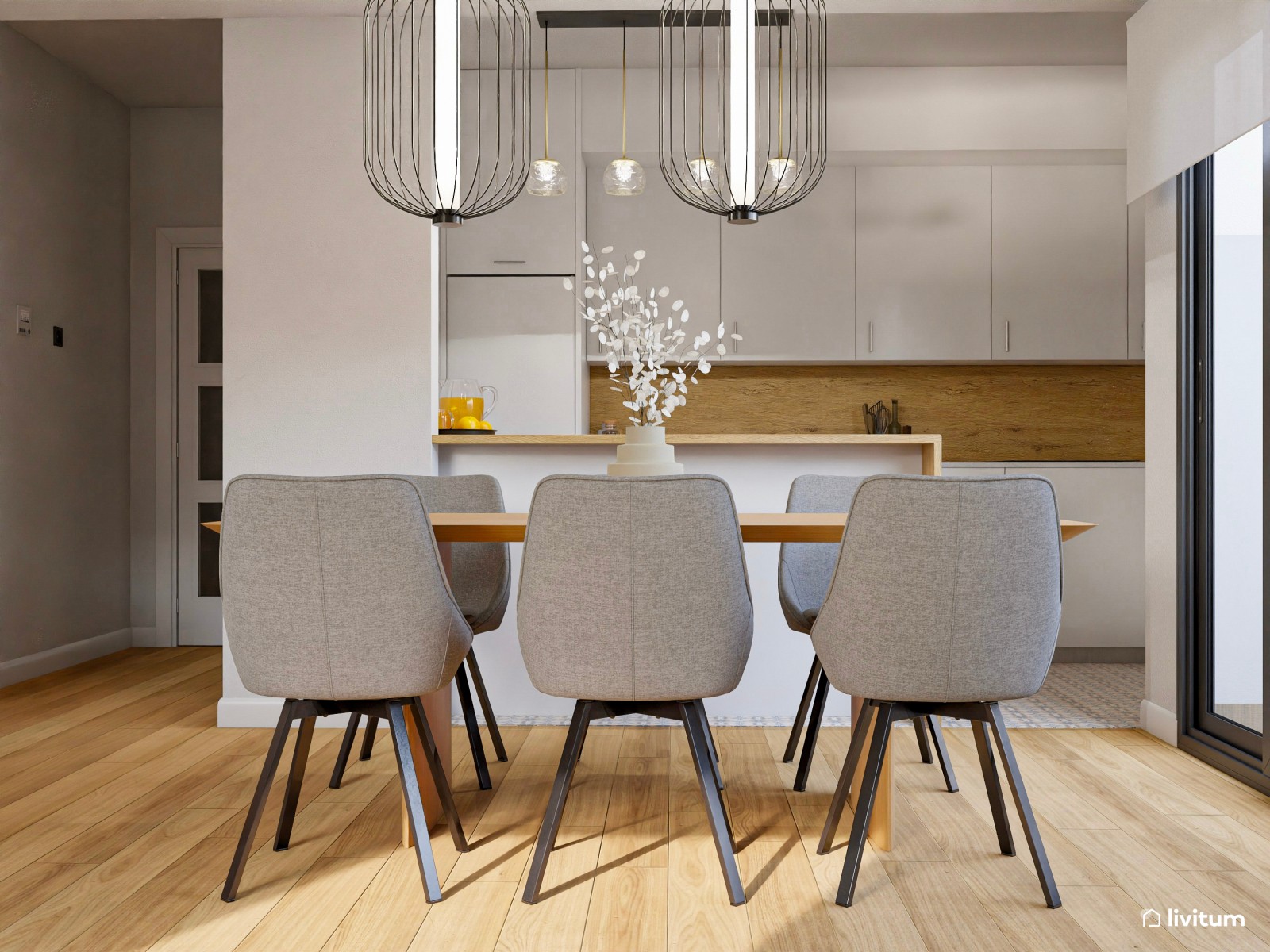 Salón comedor con cocina abierta de tonos tierra y toques en negro