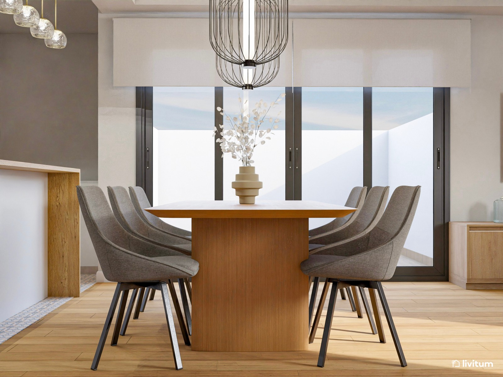 Salón comedor con cocina abierta de tonos tierra y toques en negro