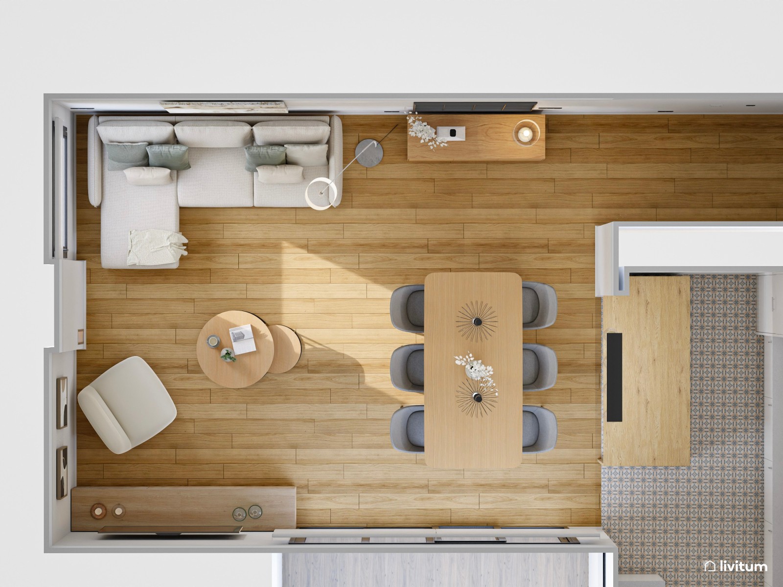 Salón comedor con cocina abierta de tonos tierra y toques en negro