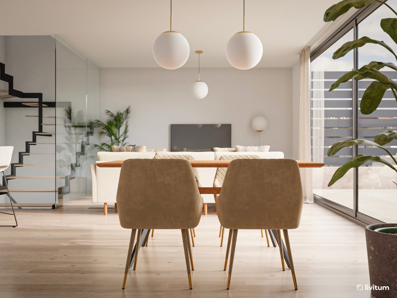 Salón comedor con cocina abierta elegante y atemporal 